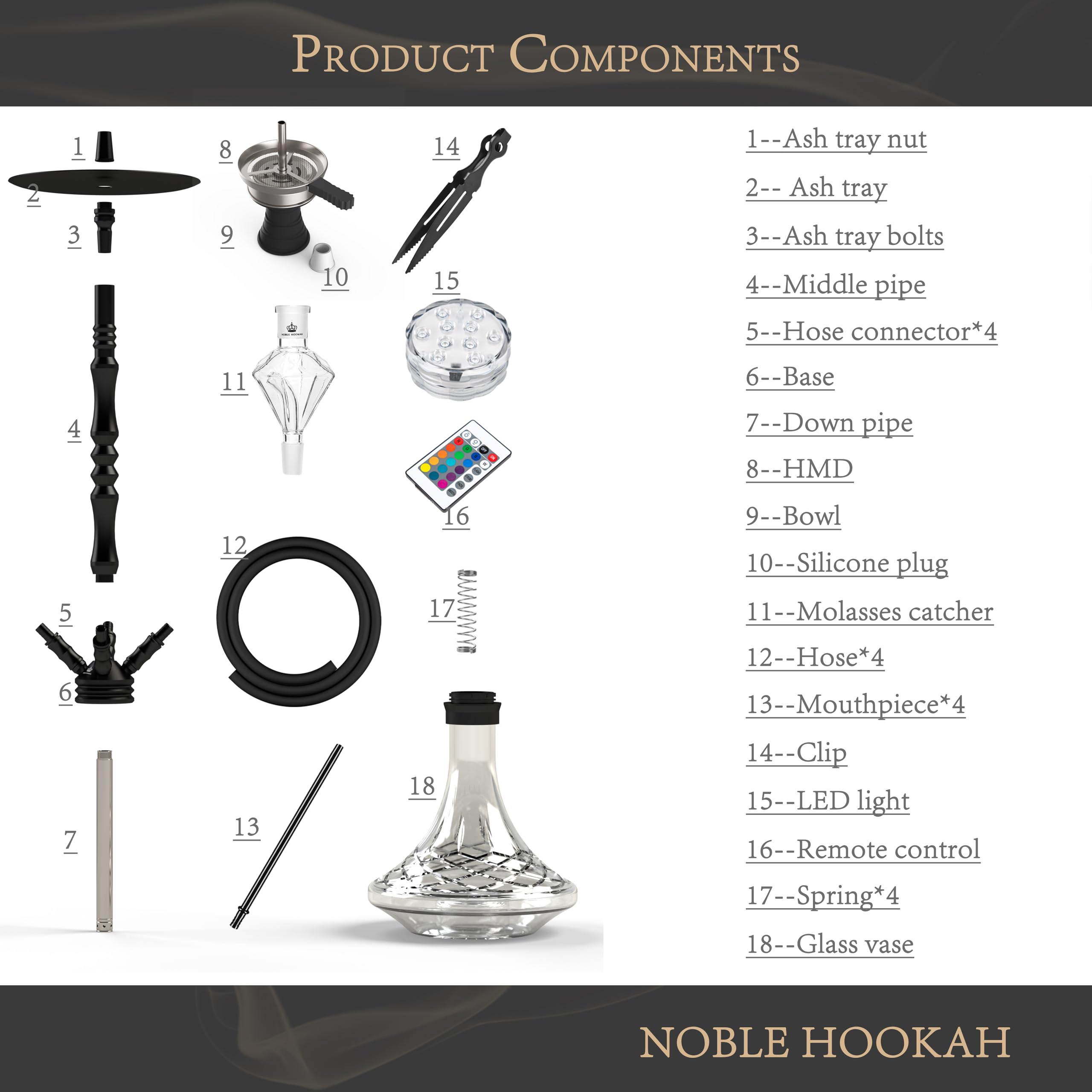 NOBLE HOOKAH Cachimba Shisha Completa Grande, 100 cm de Altura, 4 Conectores, Completo con Manguera, Mango, luz Mmbiental LED, Recolector de miel, Juego de Cazoleta, Clip y ¡mucho más