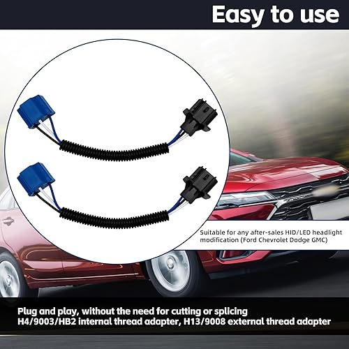 Miniatura 6 de NTNEV 2 adaptadores H13 macho a H4 hembra, conector adaptador de faros, kit de cable de conversión de faros, compatible con Jeep Wrangler JK JKU (9