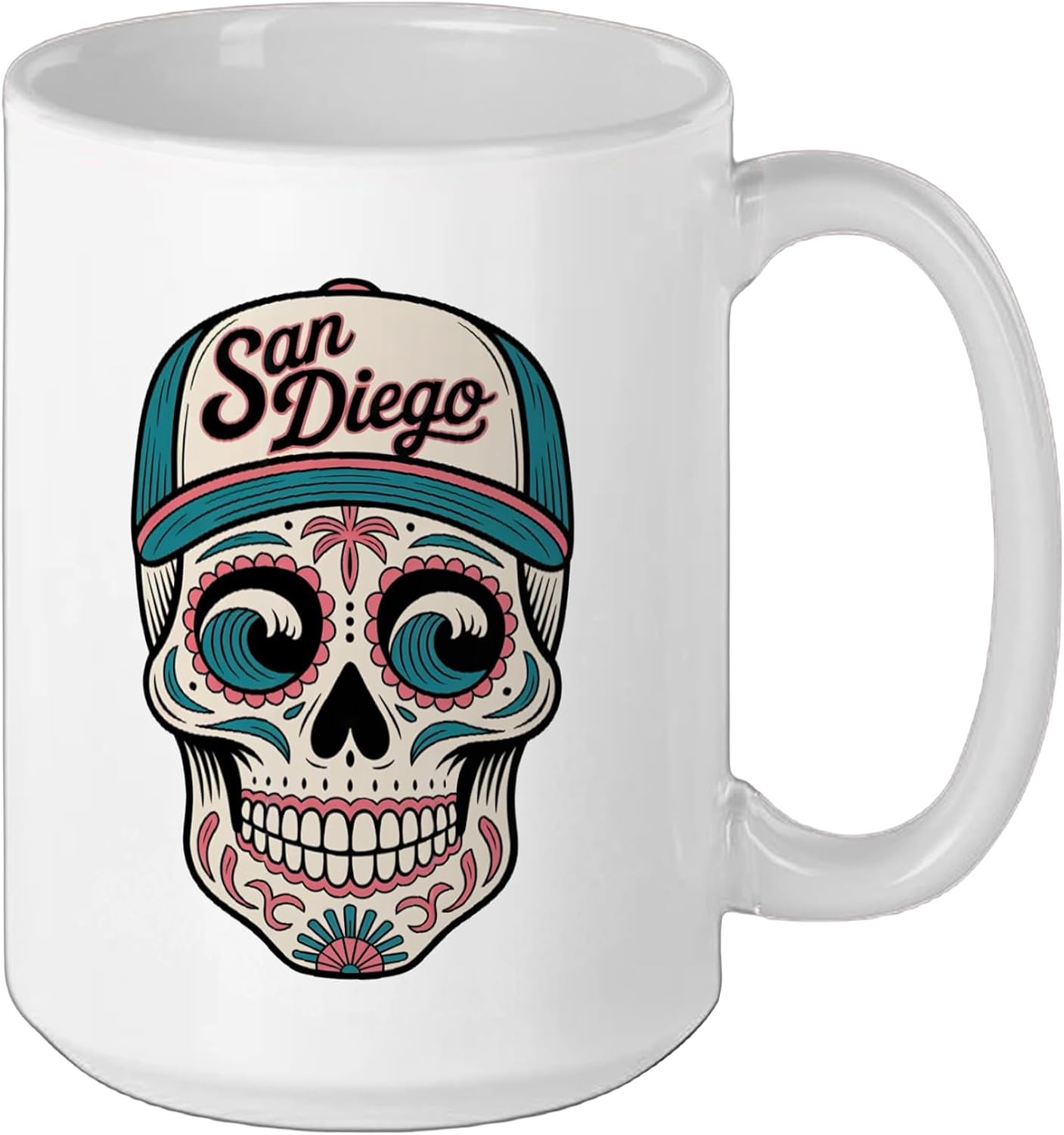 San Diego Mexican Sugar Skull Mint Green Pink Ceramic Mug, White, 15oz image 2