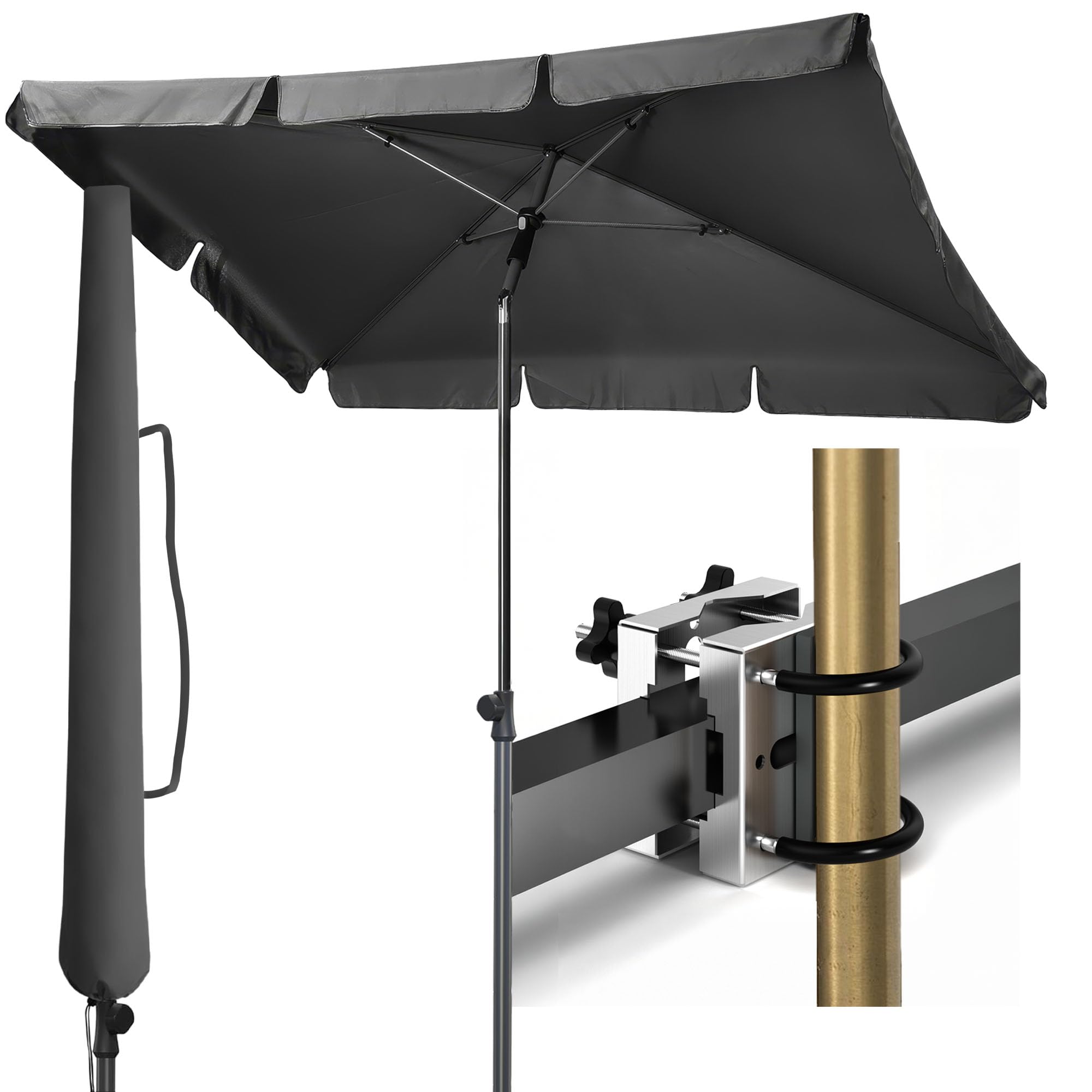 Menz Sonnenschirm Balkon - 3-IN-1 SET - UV50+ Sonnenschirm rechteckig 200x125 cm + Sonnenschirmhalter Balkongeländer + Sonnenschirmhülle - Sonnenschutz Balkon, Anthrazit