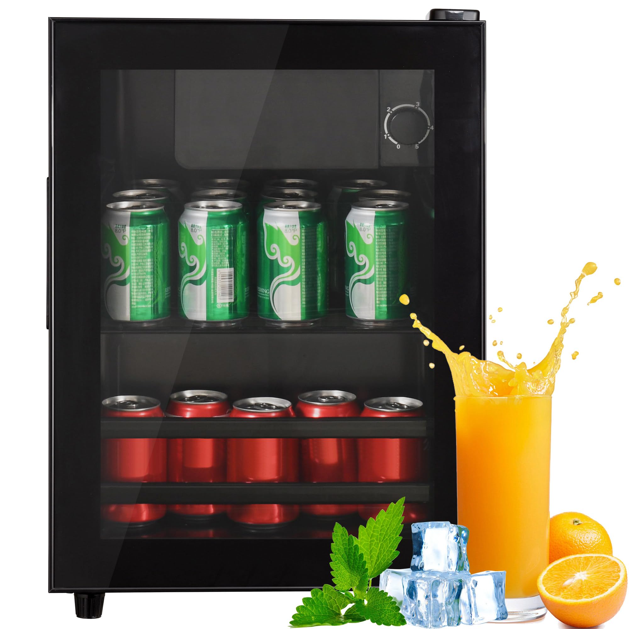 RCBDBSM Mini frigorífico Nevera de 55 L con puerta de cristal, nevera para bebidas pequeña y silenciosa, mini nevera con congelador de 3 L + nevera de 52 L, (42 dB), refrigerador para bebidas de 55 L