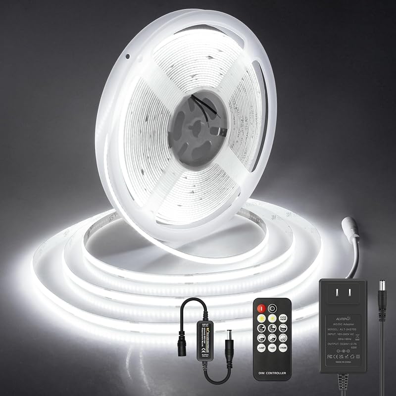 ALITOVE 32.8ft COB Led Strip Light White 6500K Super Bright 24V LED Rope Lights with Remote Dimmable 3200LEDs CRI90+ Uniform Glow LED Tape Light for Mirror Under Cabinet Living Room Study Wardrobe