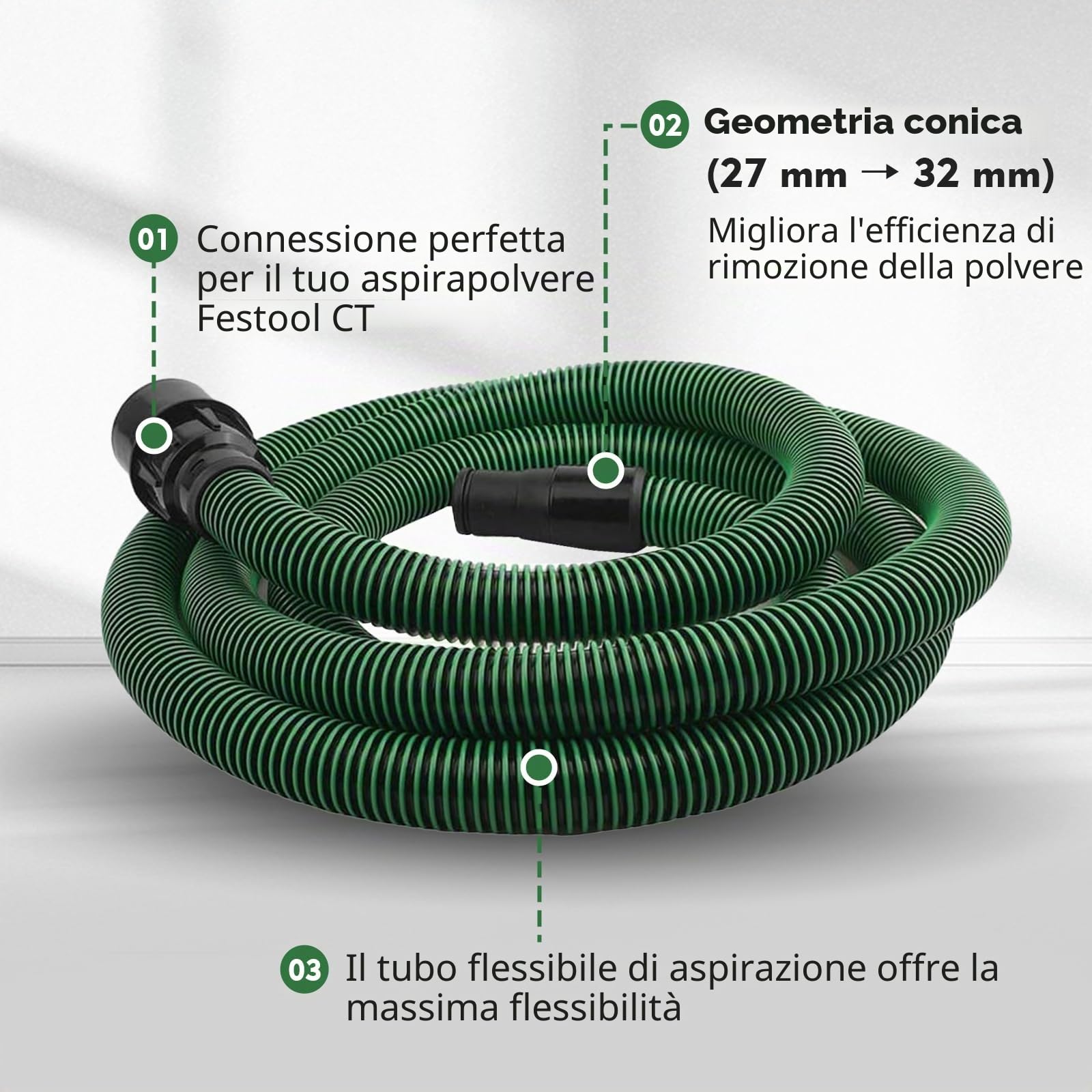 Tubo Aspirazione Polvere 5 m Compatibile con Festool CT 26/36/48 | CT 15/25, CT Mini & CT Midi dal 2019, D27 (Ø35 mm) Tubo Aspirazione per Levigatrici e Sistemi di Aspirazione