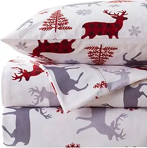 Flannel Sheets Warm and Cozy Deep Pocket Breathable All Season Bedding Set with Fitted, Flat and Pillowcases, King, Buffalo Deer