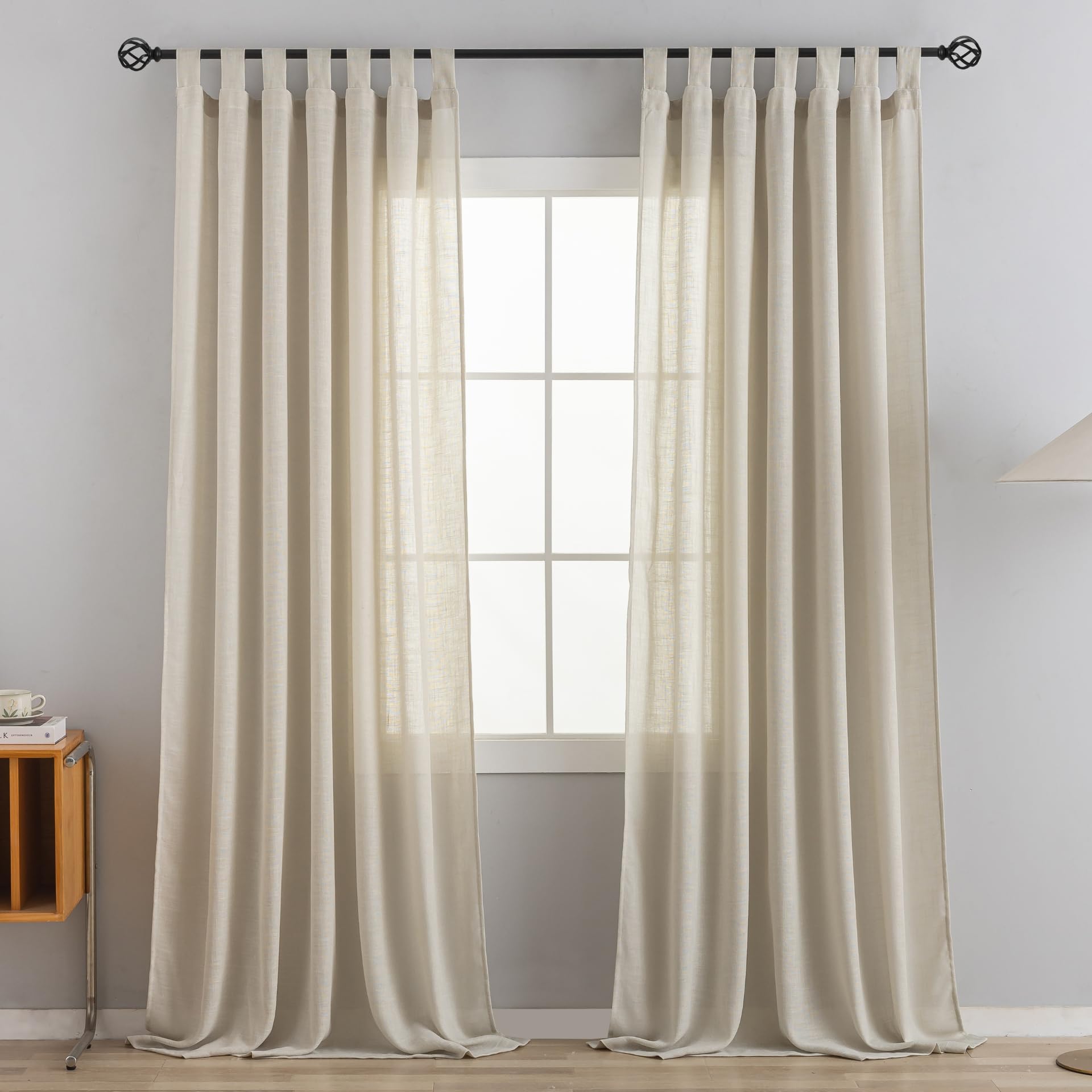 VOILYBIRD Natural Linen Semi Sheer Curtains Tab Top Light Filtering Elegant Curtains & Drapes for Living Room 52 x 84 Inch Length, 2 Panels, Linen Beige