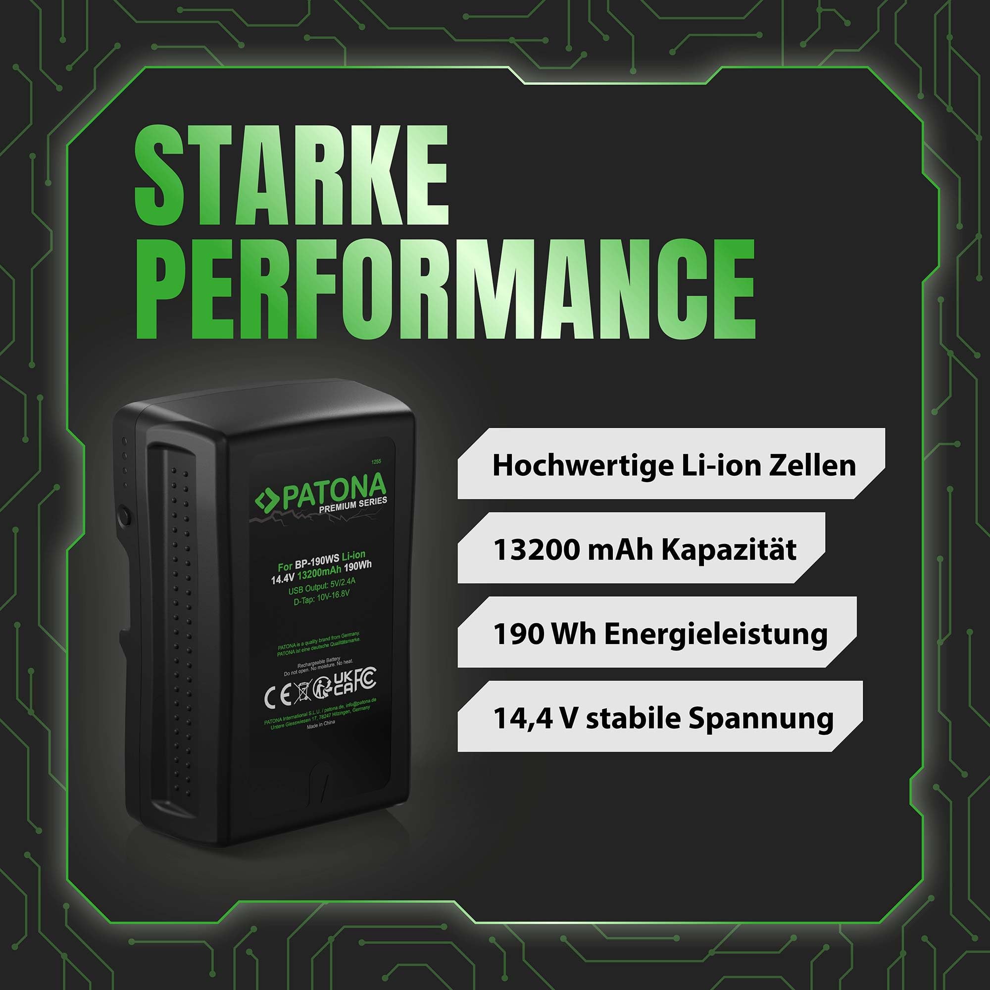 PATONA Premium V-Mount Akku 190Wh Ersatz für Sony BP-190WS BP-GL95 BP-GL65 | Ersatzakku 14.4V 13200mAh mit D-Tap & USB-Ausgang, LED-Anzeige - für Broadcast-Camcorder, URSA & Video-Licht