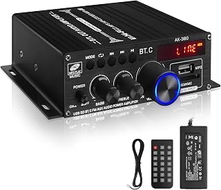 AK-380 USB SD BT.C FM AUX Audio Power Amplifier 400W+400W 2.0 CH HiFi Stereo AMP Speaker Bluetooth 5.0 Amp Receiver with 12V 5A Power Supply,Remote Control,FM Antenna for Car Home Bar Party