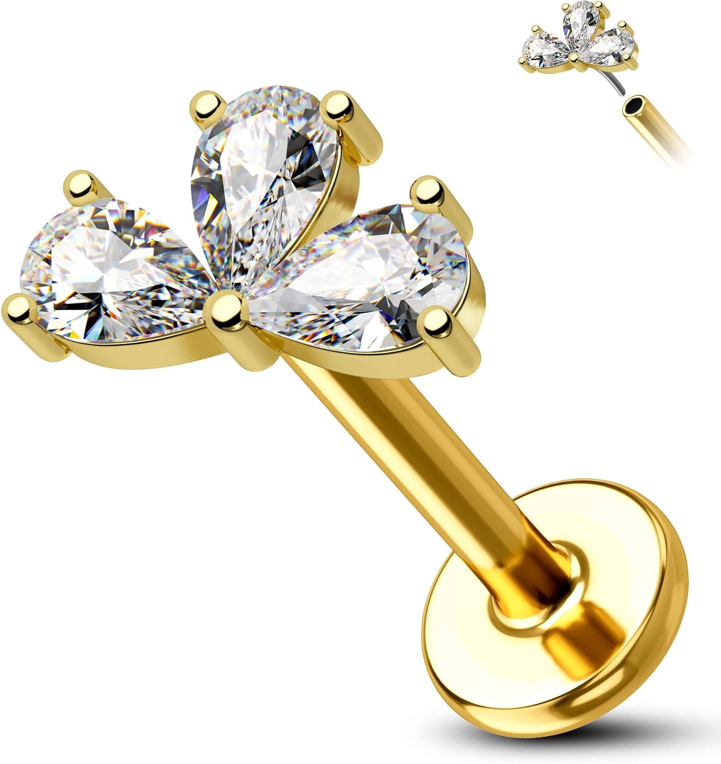 Cocharm 14K Solid Gold Cartilage Earring - 16g Flower Yellow Gold Flat Back Helix Stud, 14K Gold Push in Tragus Earring, Threadless Conch Stud