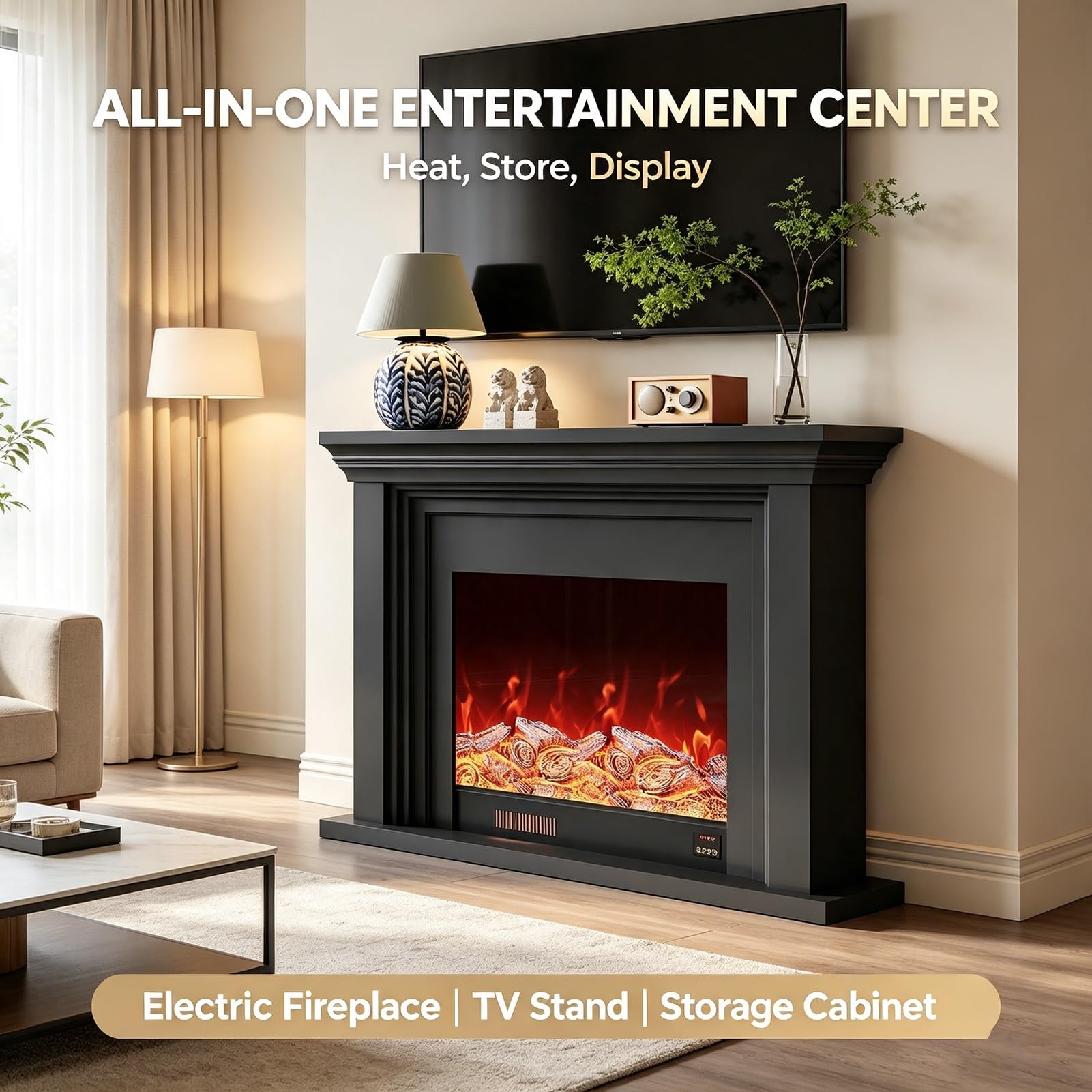 Stufa per camino elettrico, vetrina, porta TV per camino | Resina Simulazione Legno Carbonio Effetto Fiamma 3D, Soggiorno/foyer/camera da letto(Heating stove,120cm/47.2in)