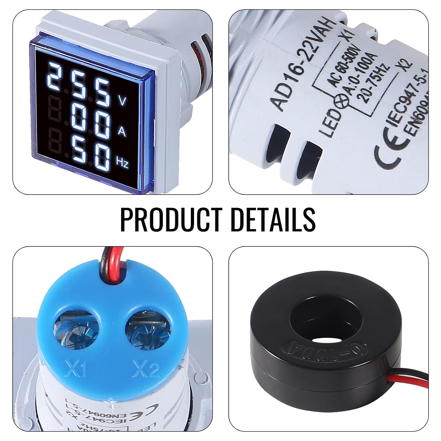 3pcs 3 in 1 60-500V 0-100A AC Digital Ammeter Voltmeter, 22mm Square Digital Tube Screen with Transformer, LED Display Voltage Detector Current Tester Gauge(Blue)