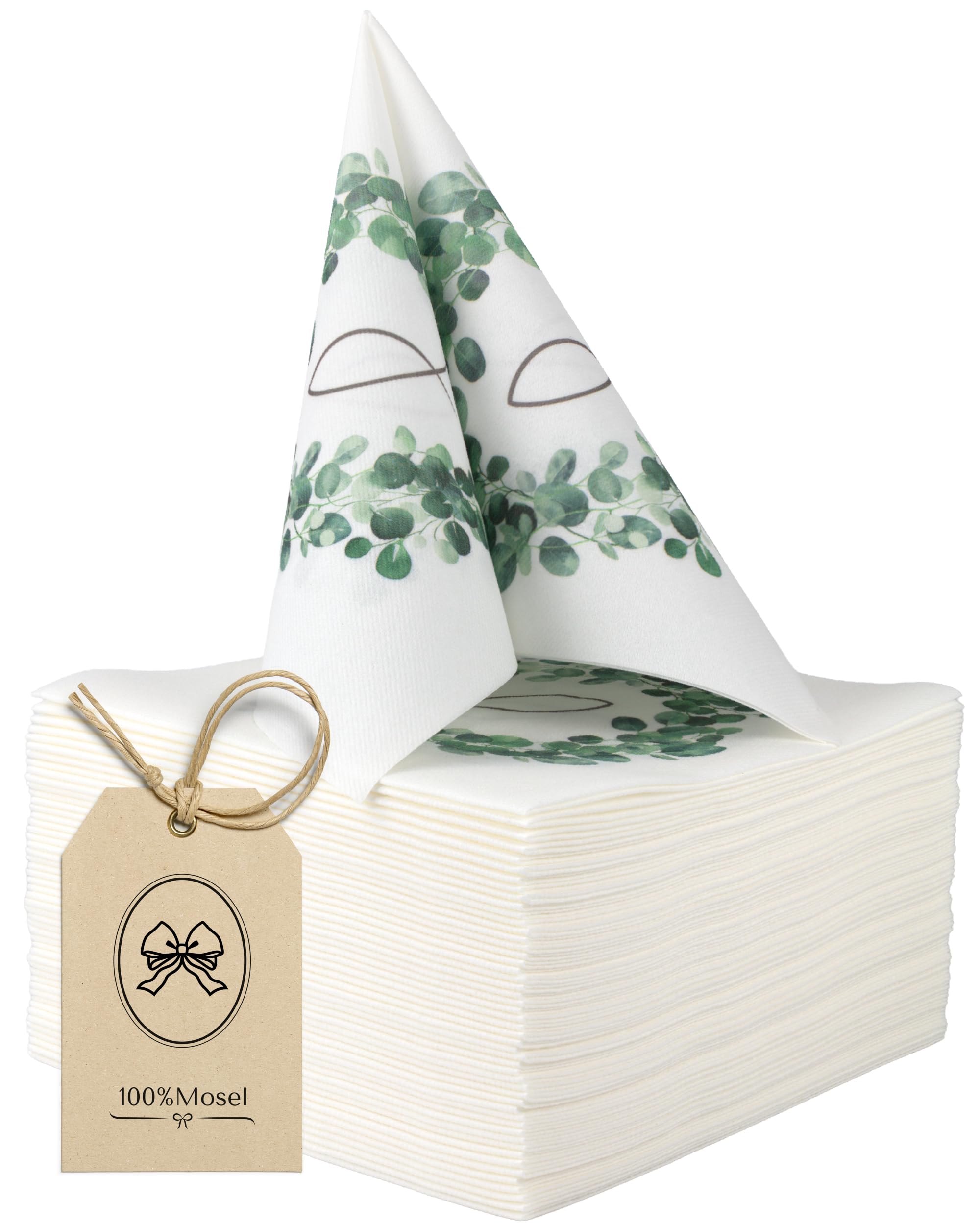 100% Mosel Airlaid Servietten, 50 Stück (40 x 40 cm), Motiv Eukalyptuskranz & Fisch – stoffähnlich & standfest – Premium Tischdeko für Taufe, Kommunion, Konfirmation, Jugendweihe & Firmung