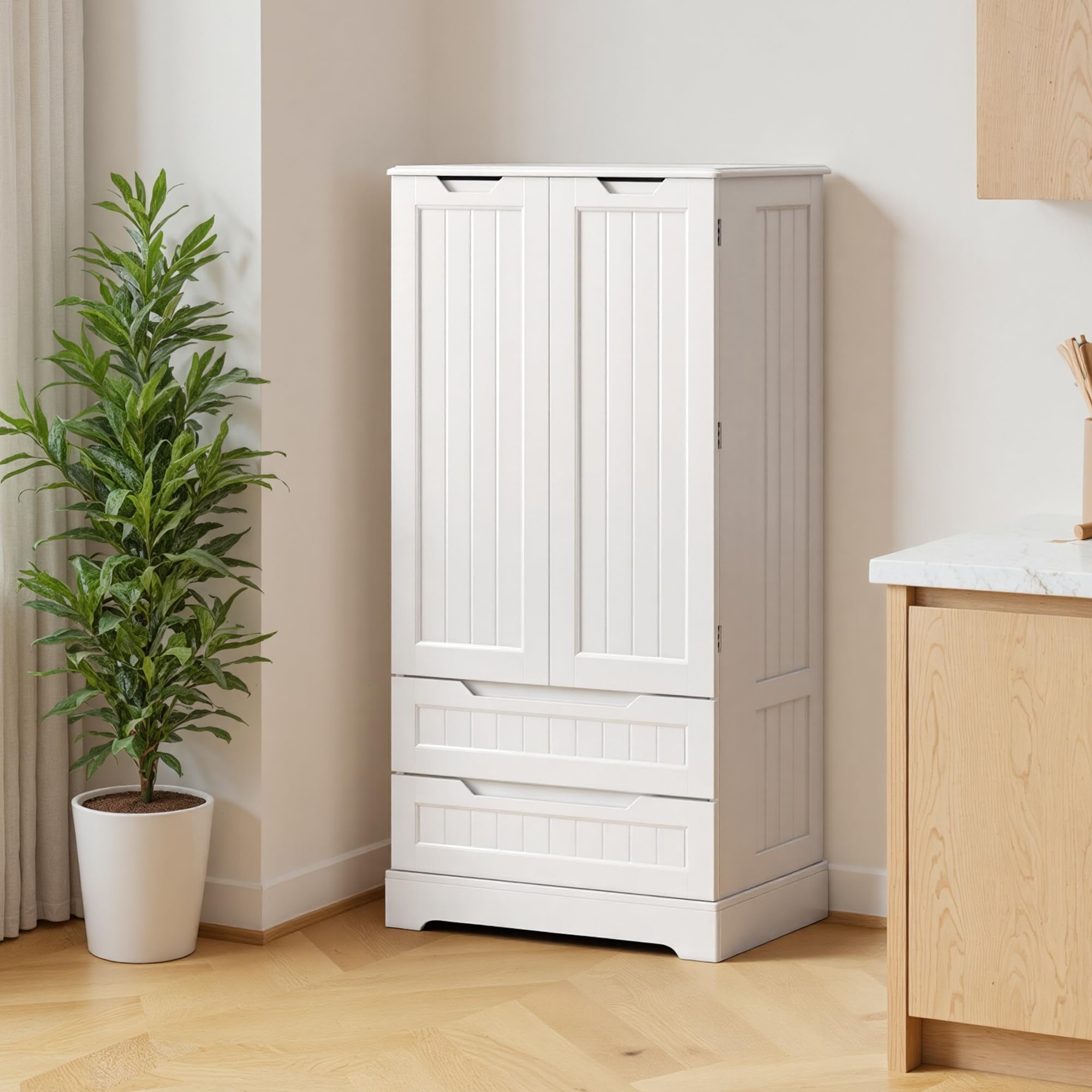 Küchenschrank Weiß mit Holzplatte, Buffetschrank mit 2 Schubladen und Türen, Vorratsschrank Landhausstil, Sideboard Aufbewahrungsschrank für Küche, Esszimmer und Wohnzimmer