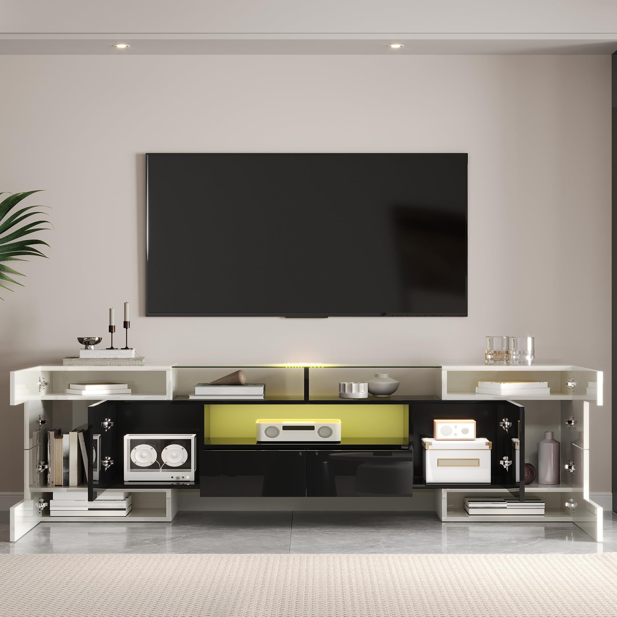 Lowboard per TV moderna, larghezza 200 cm, bianco lucido e grigio, con illuminazione LED RGB, 6 ante e 2 cassetti, armadietto multimediale (bianco+nero + MDF)