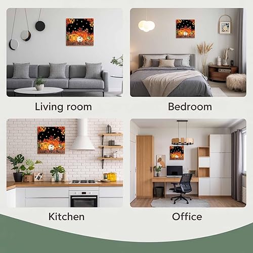 Miniatura 8 de Debedcor Pumpkin Thanksgiving Wooden Wall Clock Silent Non Ticking, Black Autumn Leaf Happy Fall Y'all Square Wall Clock Battery Operated, Decor