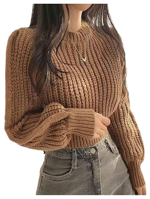 MakeMeChic Womens Cable Knit Crew Neck Sweater Long Sleeve Tight Hem Pullover Crop Tops
