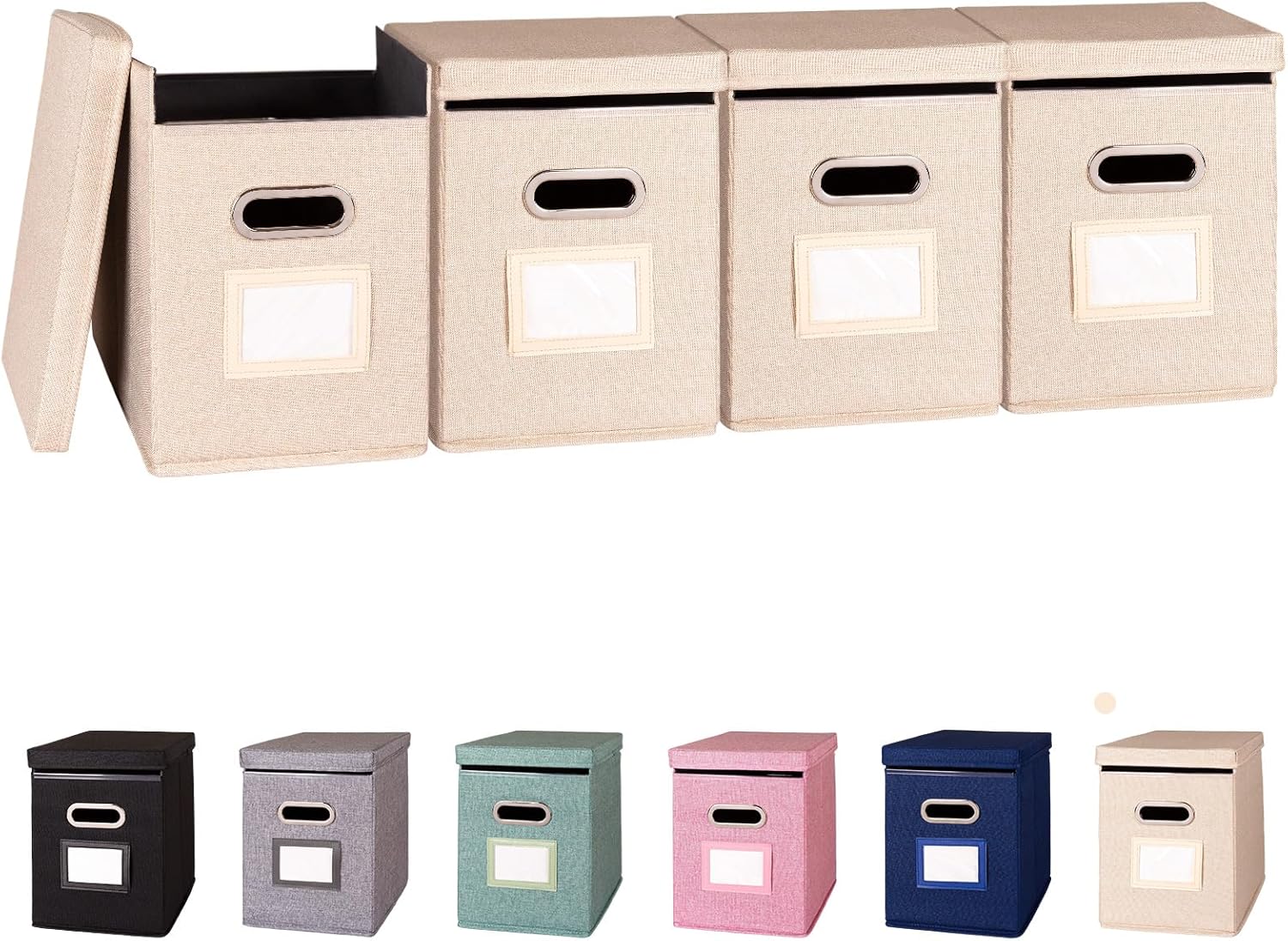 4 Pack Hanging File Folders Organizer with Lid, Letter Size Fabric File Storage Box Collapsible, Portable Office Document Holder with Metal Handle, Smooth PVC Rails, Beige