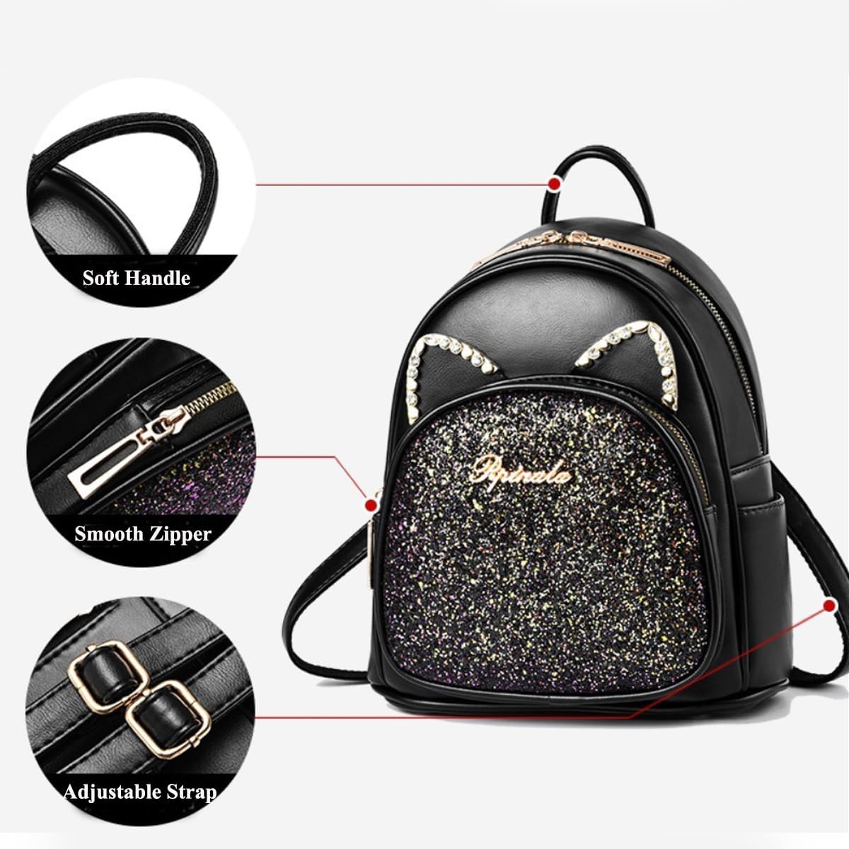 Cartoon Cat Mini Cute Backpack Wallet For Women Leisure Small Backpack Daypack PU Leather Shoulder Bag, b-black, One Size