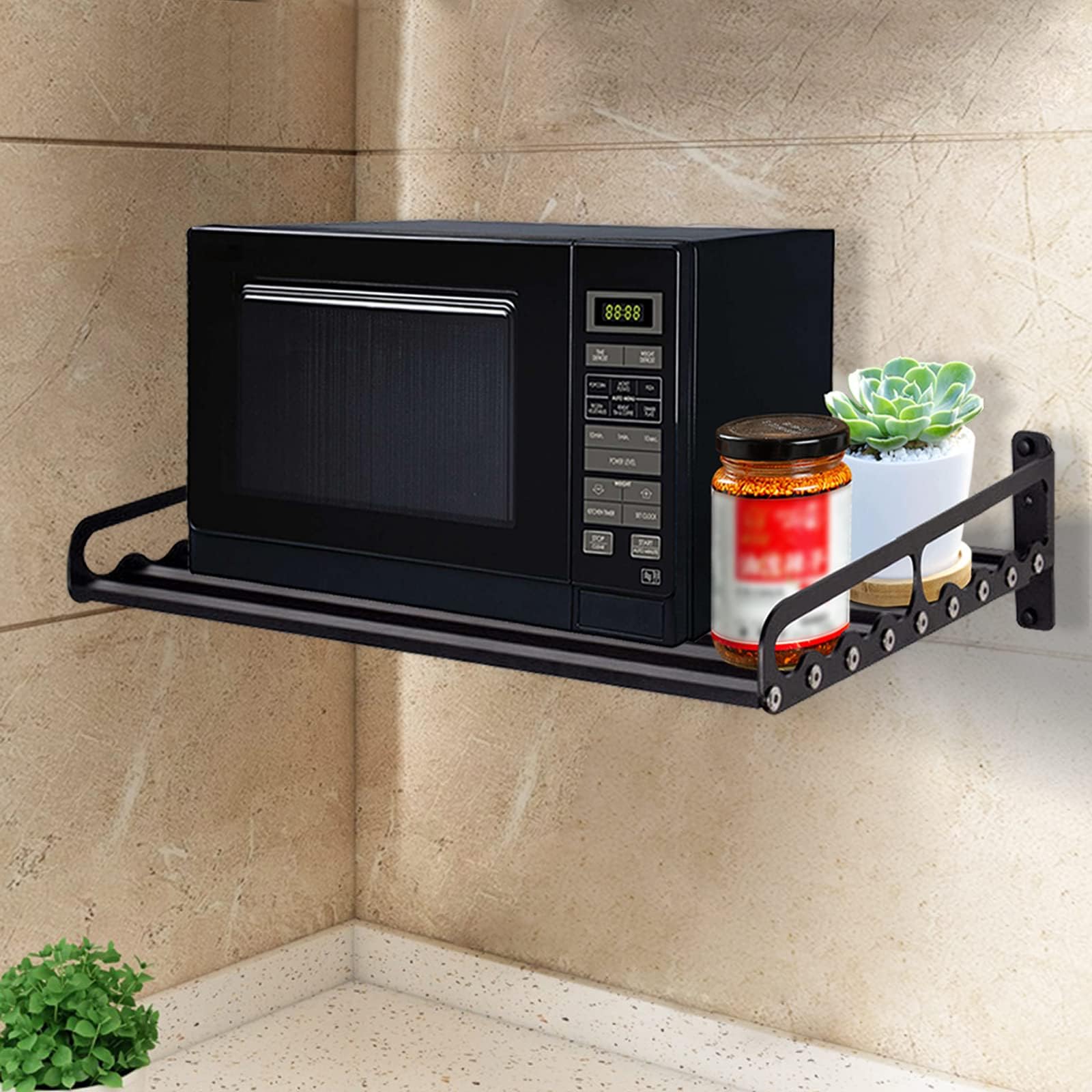 Supporto da parete per forno a microonde, in alluminio, nero, per microonde, da cucina, 50 x 39,5 cm, foratura