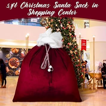 Shappy 70 x 58 in Extra Large Christmas Velvet Santa Giant Bags Gift Sack Jumbo Red Santa's Gift Sack Reusable Christmas Bag with Drawstring for Holiday Wrapping Large Gifts Bike TV Supply(Burgundy)