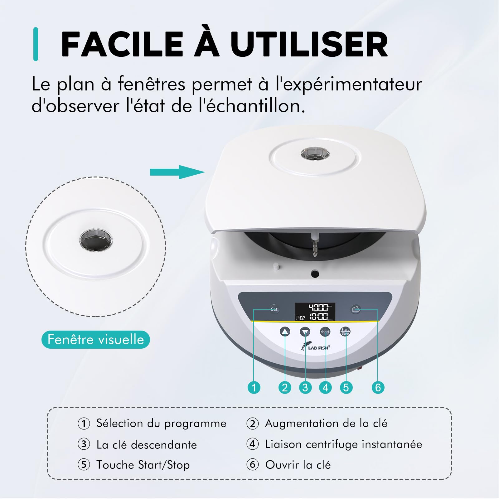 LAB FISH Centrifugeuse de Paillasse pour Tubes 2ml 5ml 10ml 15ml, 500-5000 tr/min Faible Vitesse, Force Max 3074 xg, Rotor 8 Places, Idéale pour PRP/PRF