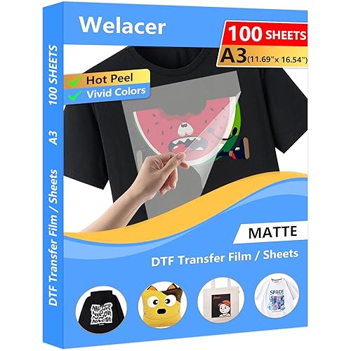 DTF Transfer Film A3 100 Sheets Double-Sided Matte DTF Film, PET Heat Transfer Paper for Inkjet Printer DTG Printer Direct Print On T Shirts Textile(Hot & Cold Peel)