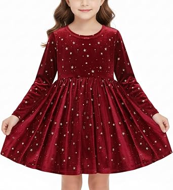Toddler Girls Velvet Dress Party Clothes 2-8 Years | Long sleeve starry print princess gown with pockets & back bow. Elegant winter apparel for holiday, wedding or vacation.