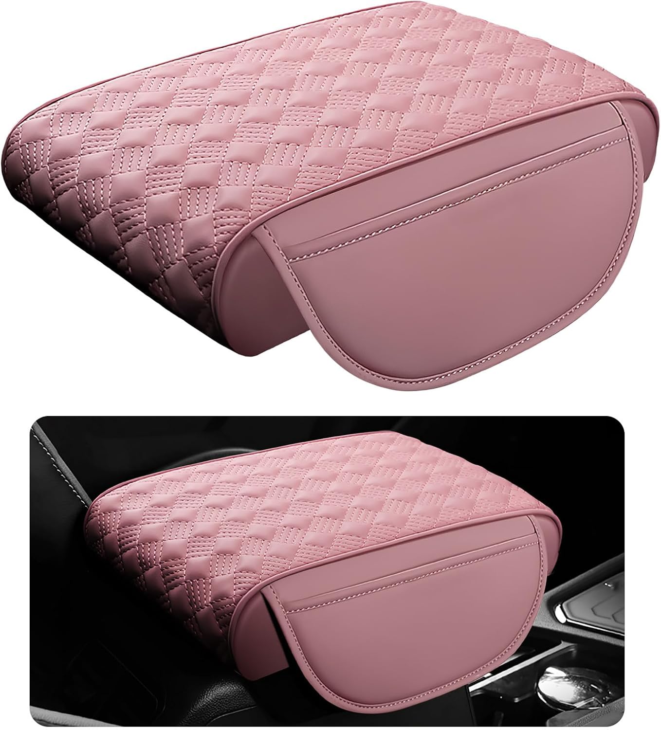 Car Armrest Cushion, 12.2"×8.3" Leather Auto Memory Foam Center Console Pad with Storage Pocket, Waterproof & Anti-Scratch Elbow Pillow Armrest Seat Box Protector, Universal Fit (Black)
