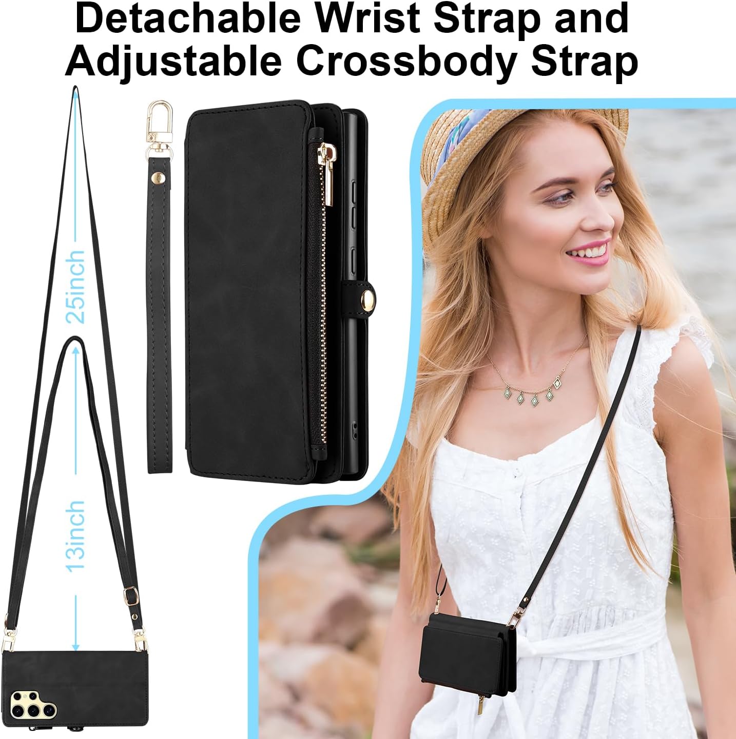 ELESNOW Wallet Samsung Galaxy S24 Ultra Case for Women Men, PU Leather with Card Holder [RFID Blocking] Wrist Strap Crossbody Zipper Stand Magnetic Flip Phone Case Cover for Samsung S24 Ultra, Black