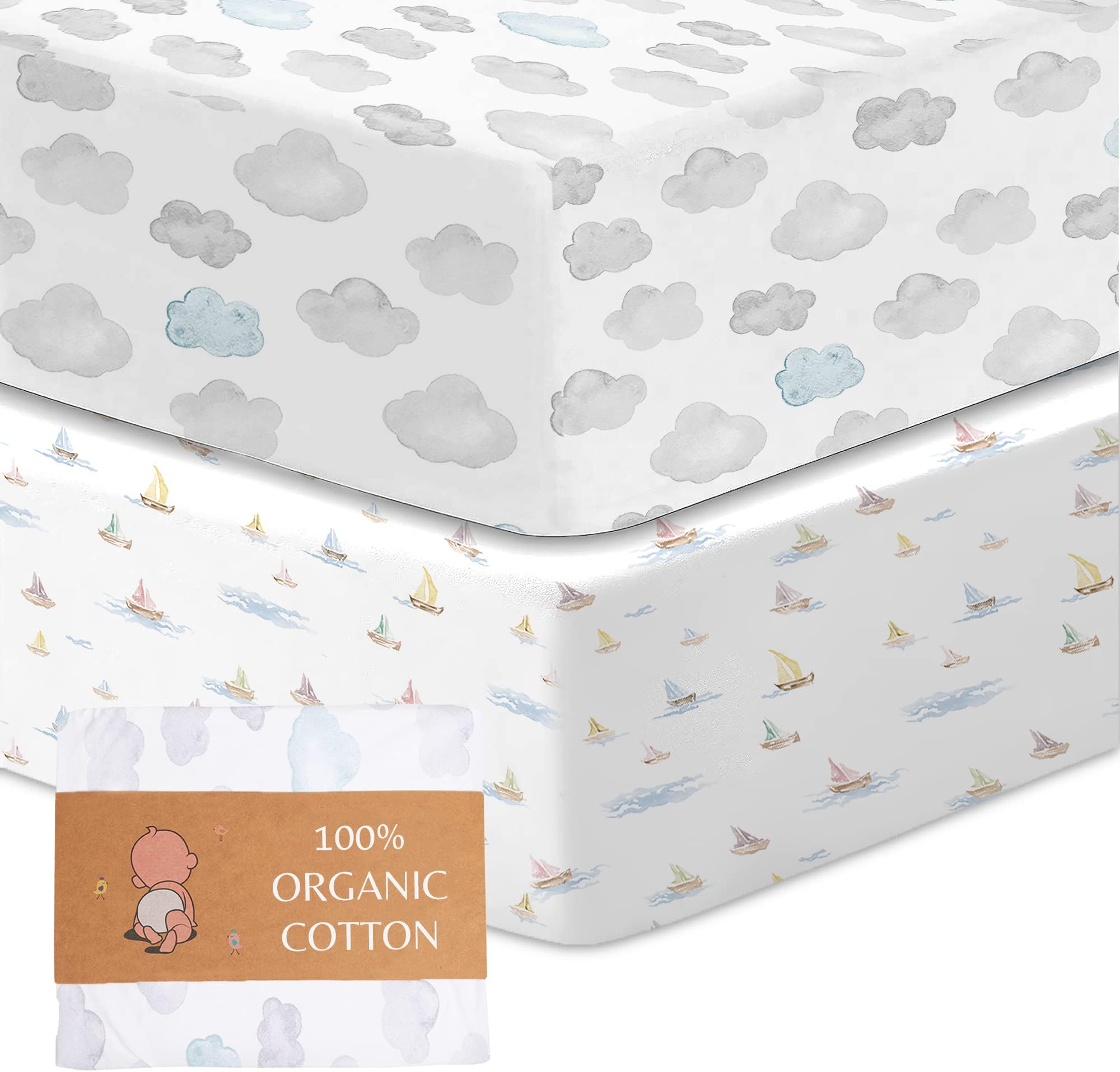Organic Cotton Crib Sheets (2-Pack) - 100% GOTS Certified Bedside Crib Sheets - Fits Up To 140x70 cm / 28x52 Inches - Breathable Baby Crib Sheets, Double-Elastic for Secure Fit & Extra Protection