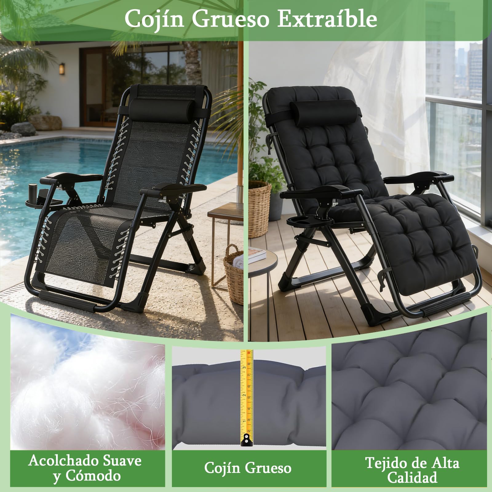 Silla Tumbona Plegable Negro Gravedad Cero 72 cm Ancha Tumbonas Jardin Exterior con Almohada Cervical Desmontable, Cojín y Funda Tumbona, Ideal para Terraza, Jardín, Playa