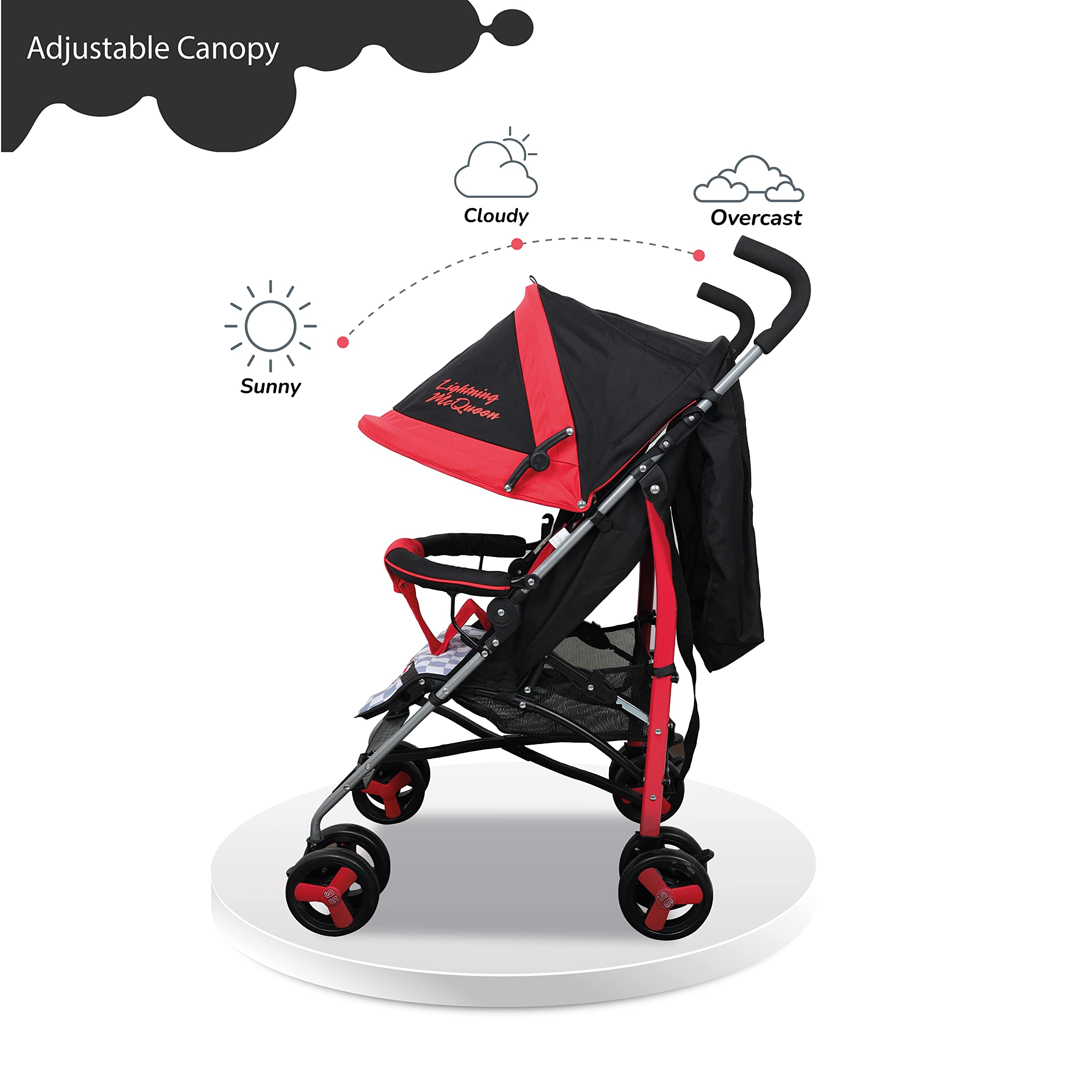 Disney Cars Lightning McQueen Lightweight Adventure Stroller + Storage Cabin 0-36 months, Compact Design, Shoulder Strap, Adjustable Reclining Seat 