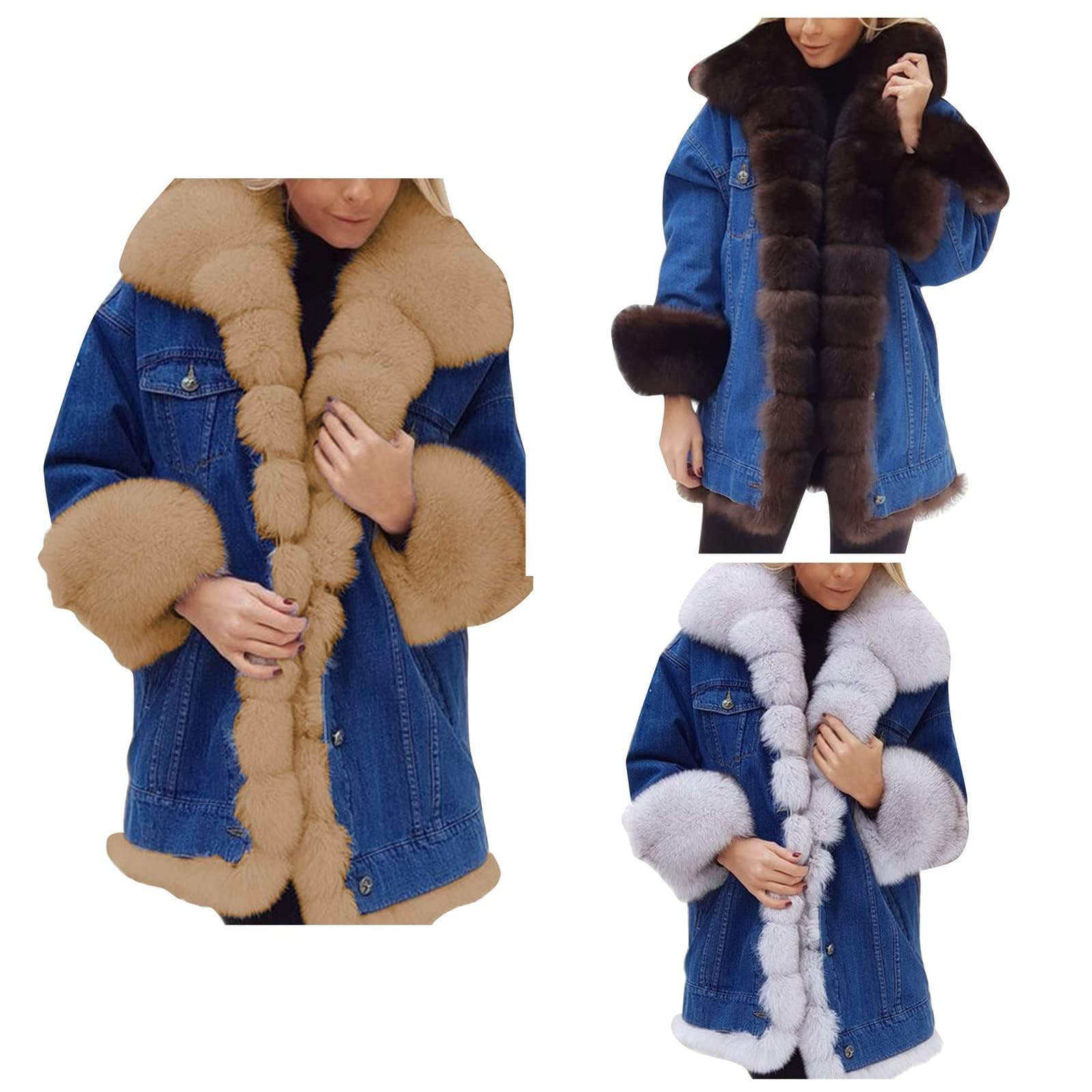 Abrigo de Piel sintética para Mujer, Chaqueta Gruesa de Invierno de Mezclilla, Chaqueta Informal de Talla Grande, Abrigo al Aire Libre, Parka