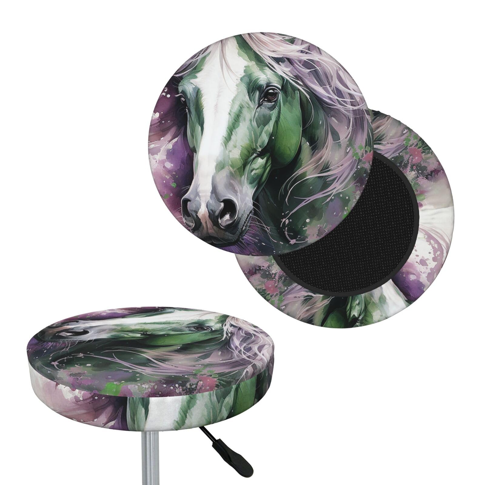 FekiLoot Green Horse Round Bar Stool Covers Stretch Washable Bar Stool Covers Dustproof Slipcover Bar Chair Covers with Elastic Band for Bar Kitchen Living Room Decor 12 Inch