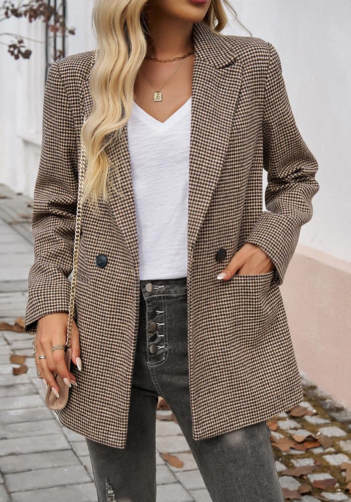 Womens Casual Blazer Open Front Lapel Houndstooth Jacket Plaid Blazers Bussiness Work Office Suits with Pockets - Image 2