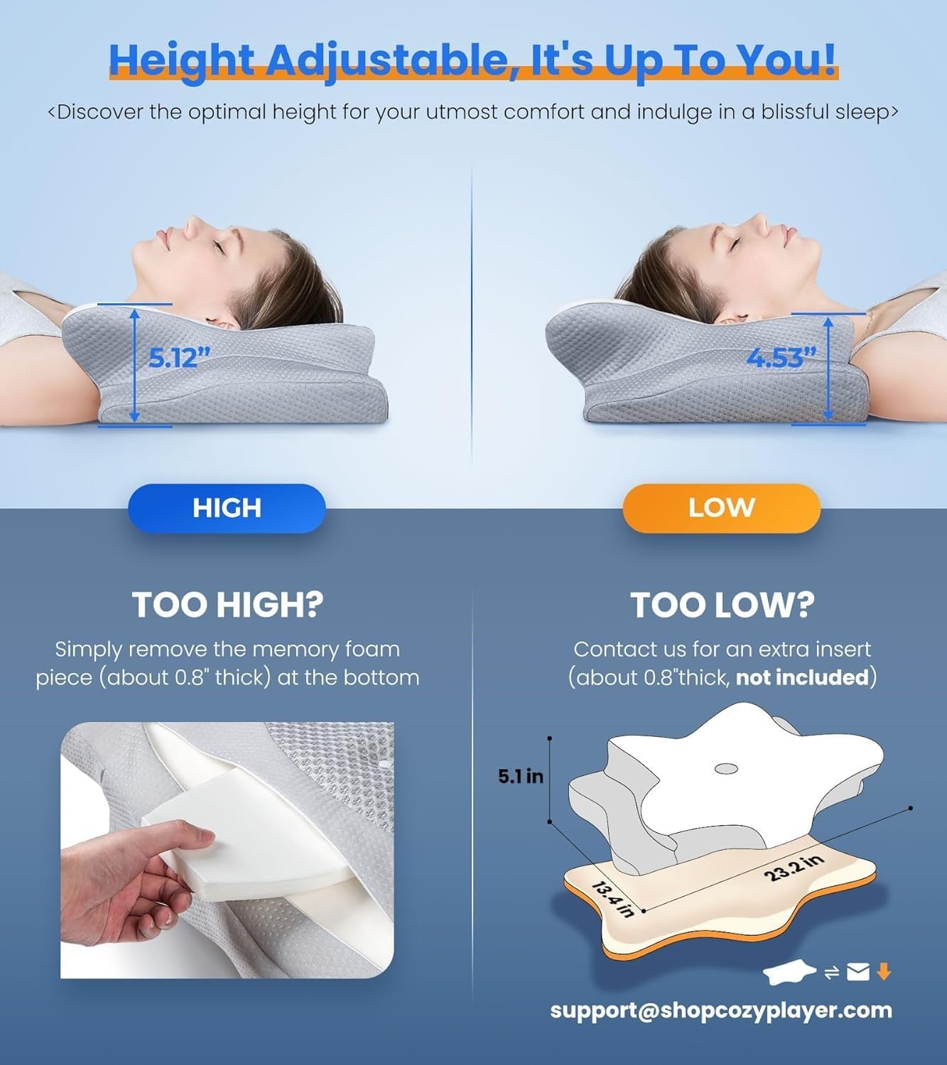 Cervical Memory Foam Pillow for Neck Pain Relief, Adjustable Orthopedic Cooling Bed Pillow with Ergonomic Contour Support for Side, Back and Stomach Sleepers (Grey)