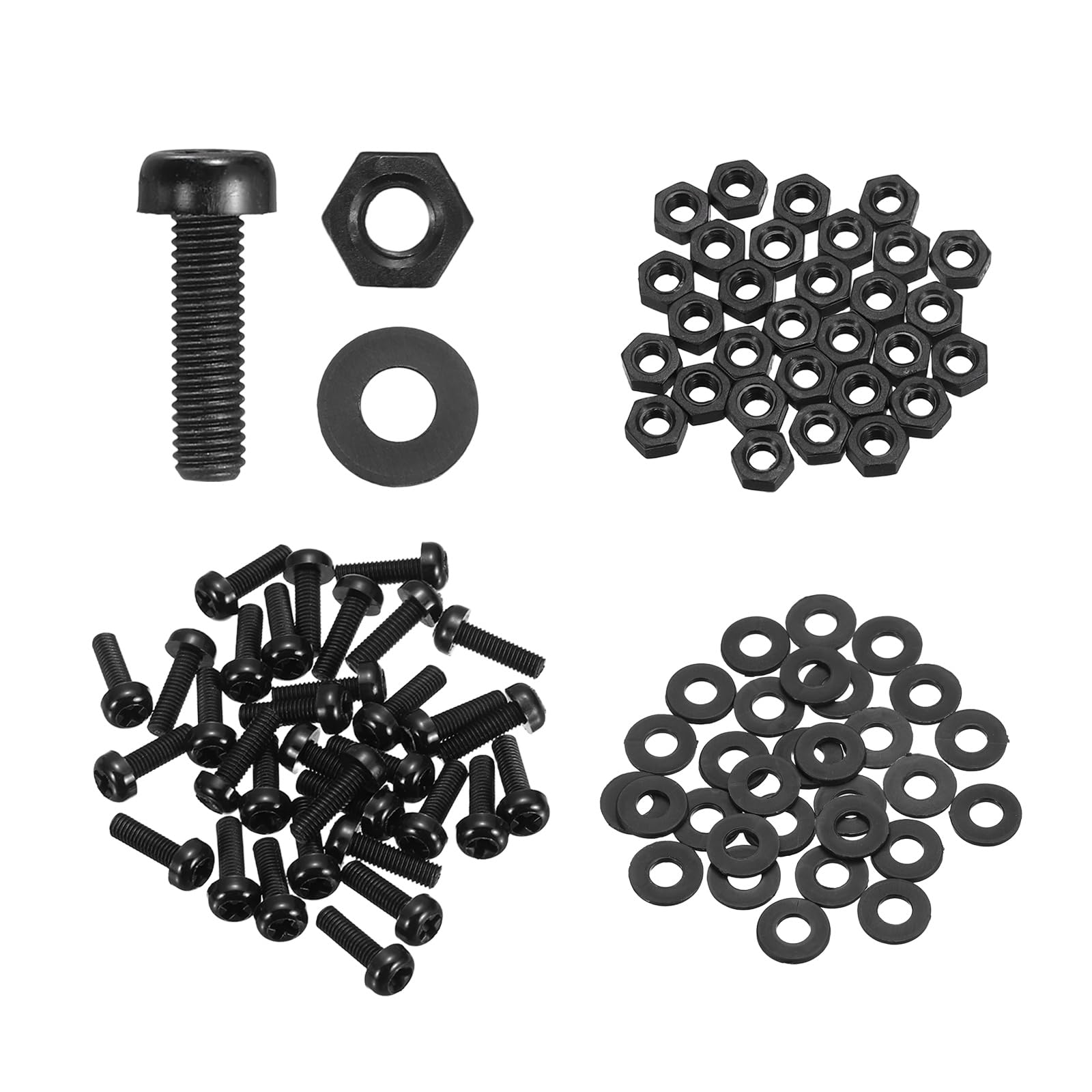 sourcing map 30 Set M3x10mm Nylon PA66 Plastic Cross Round Head Screw Phillips Bolts Hex Nuts Flat Washers Assortment Kit, Metric Full Thread Bolt Fasteners for DIY Machine Assembly, Black — image 1