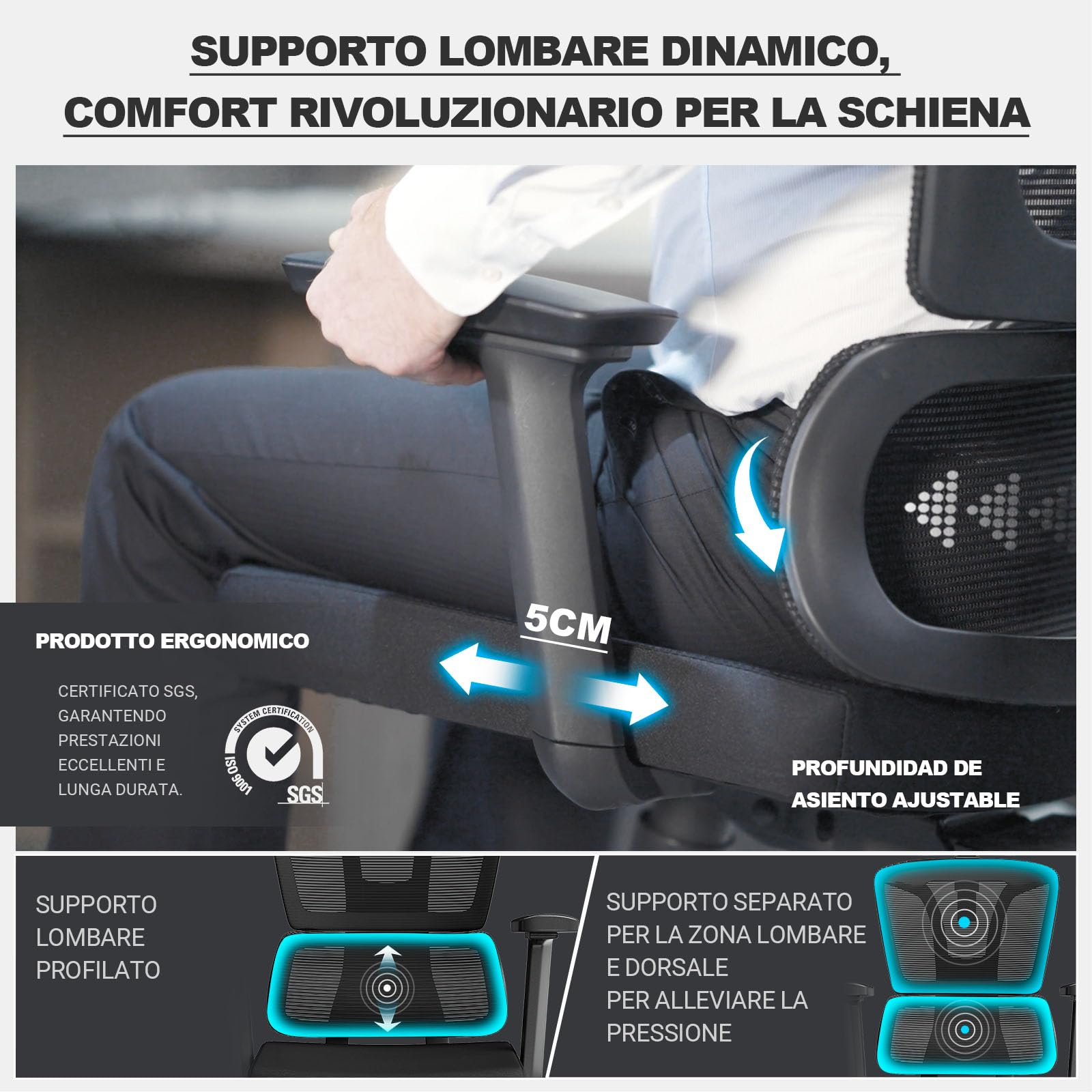 MELOKEA Sedia Ufficio Ergonomica, Braccioli 4D, Profondità Sedile Regolabile, Inclinazione 4 Livelli, Ruote Gomma, Schienale Alto, Supporto Lombare Ergonomico, Home Office Gaming, 200 kg