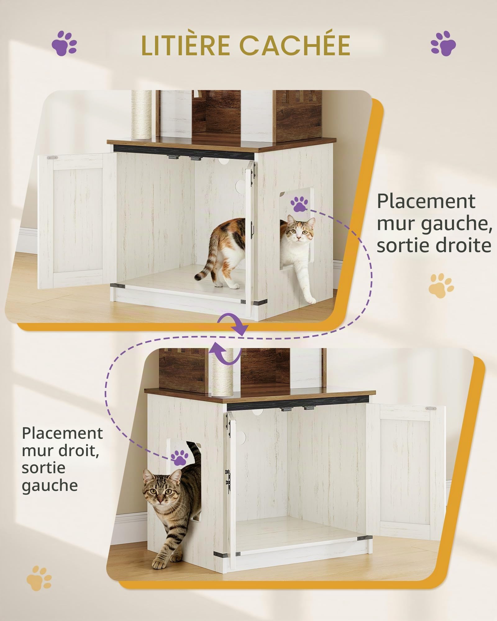 Hzuaneri Arbre à Chat avec Meuble Litiere Chat, 150cm Haut, Marron et Blanc | Coussin Lavable, Deux Grandes Plateformes, Poteau Sisal, Panier pour Chat, Maison pour Chat, Balles Peluche, CB89214WT