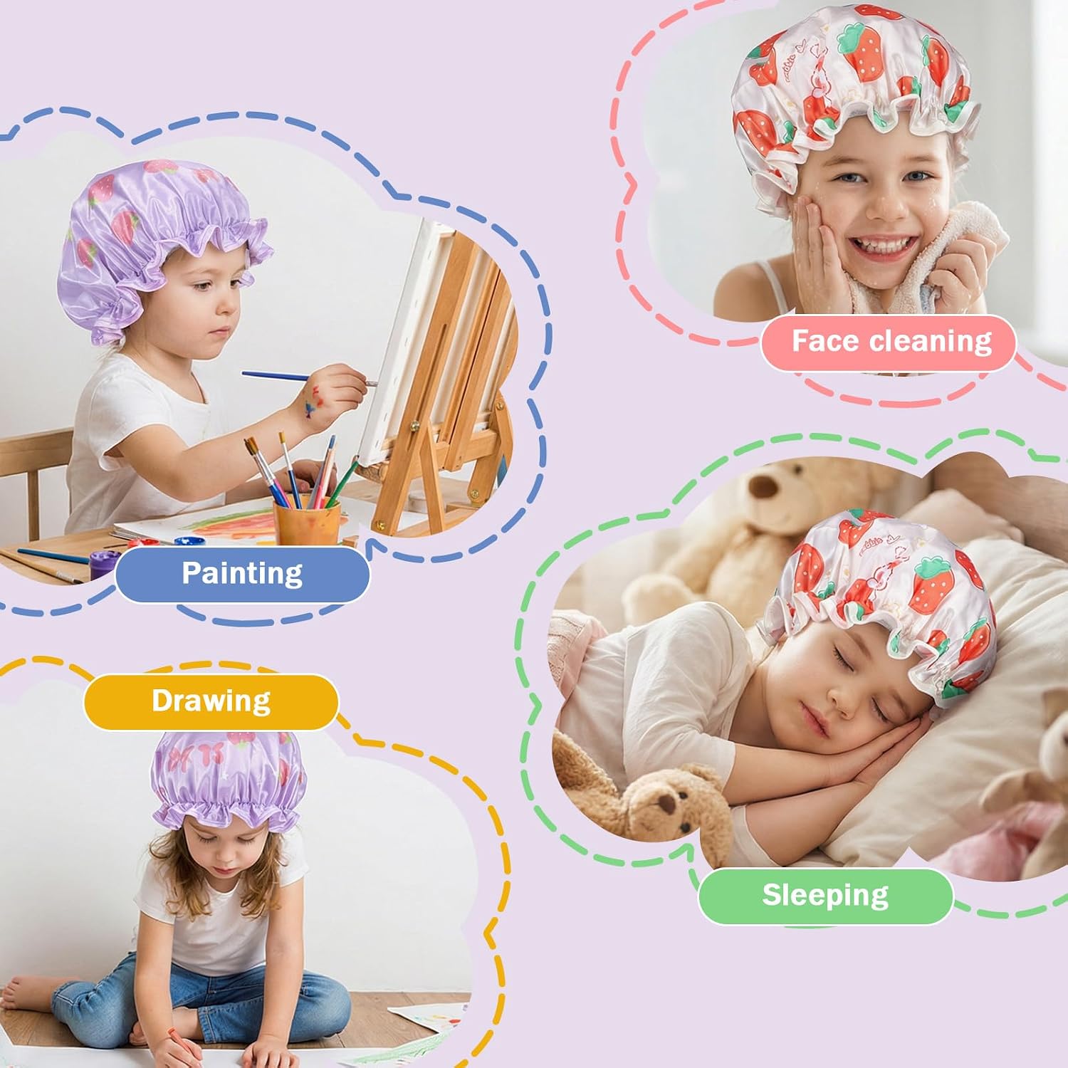 2 Pcs Kids Shower Caps, Waterproof Double Layers Shower Caps Kids Sleeping Cap, Cute Rabbit Bonnets Elastic Band Bonnet Satin and Eva Soft Showers Cap