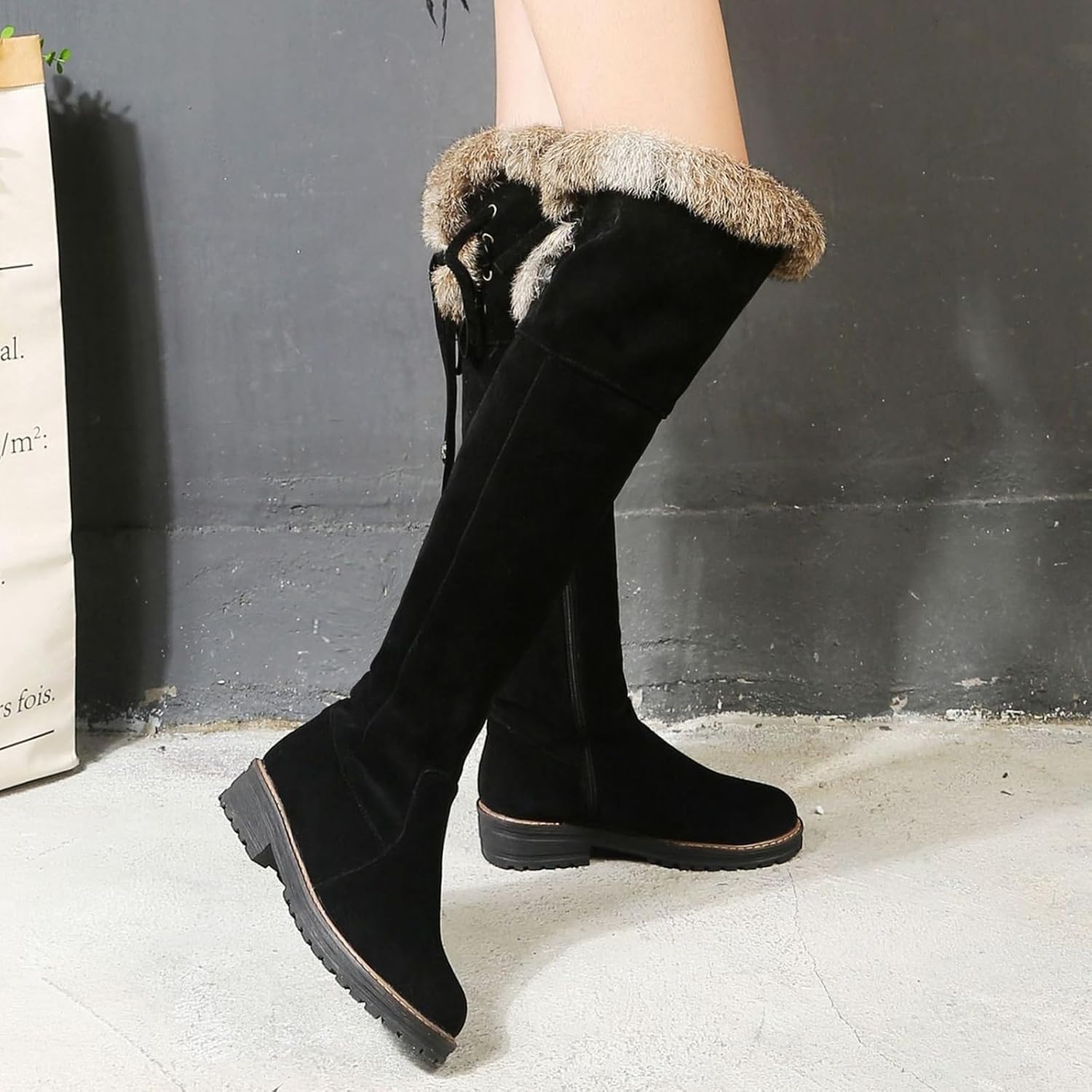 Women's Warm Fur Fluffy Winter Knee-length Boots Faux Suede Lace Up Side Zipper Low Heel Booties Casual Plush Riding Winter Snow Boots