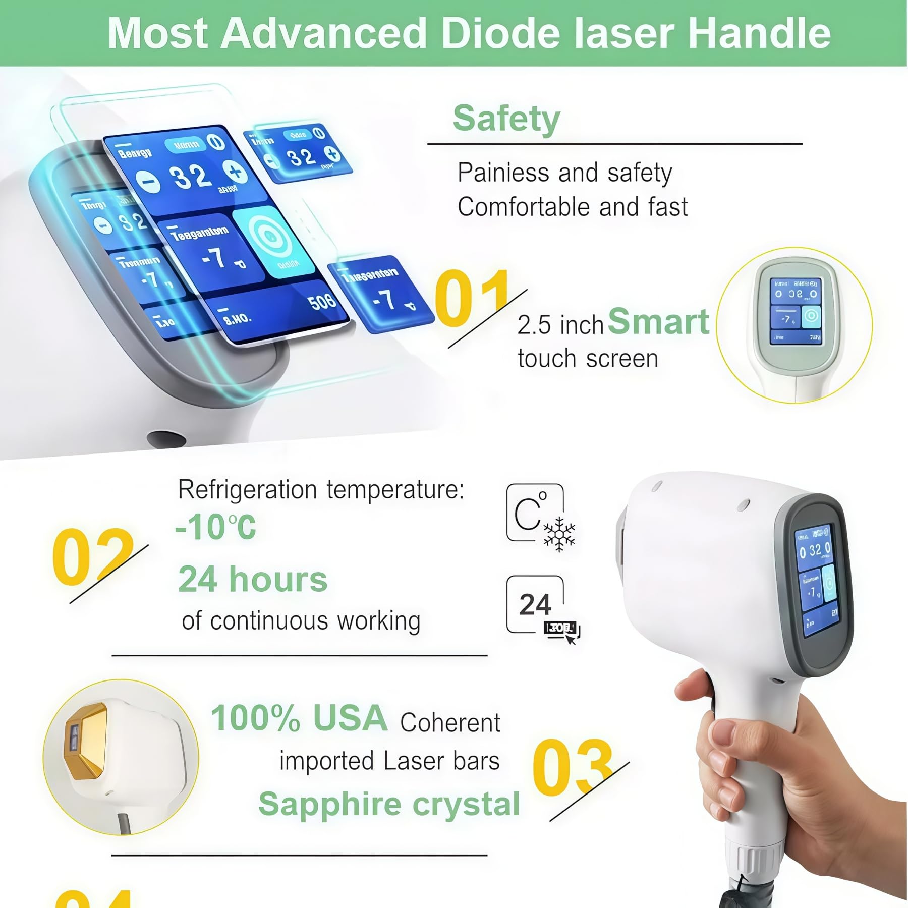Dispositivo per la rimozione dei peli del viso con laser a diodo a 4 lunghezze d'onda da 755 nm, 808 nm,940nm e 1064 nm, dotato di impugnatura raffreddata tramite punti di ghiaccio