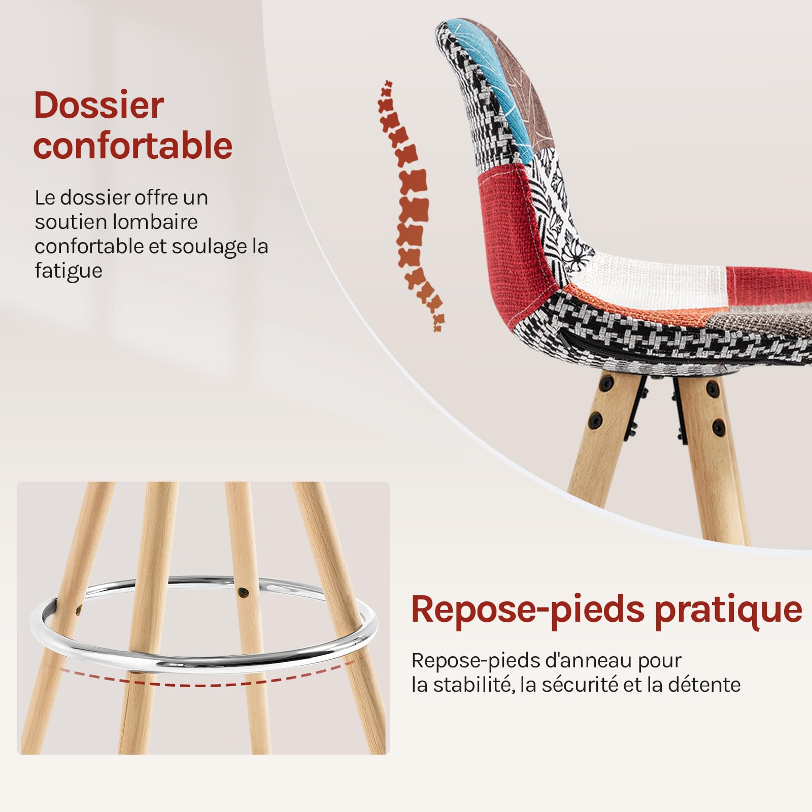 WOLTU 1 x Tabouret de Bar en Lin avec Dossier + Repose-Pieds Design Tabouret de Cuisine en Bois,Patchwork Multicolore