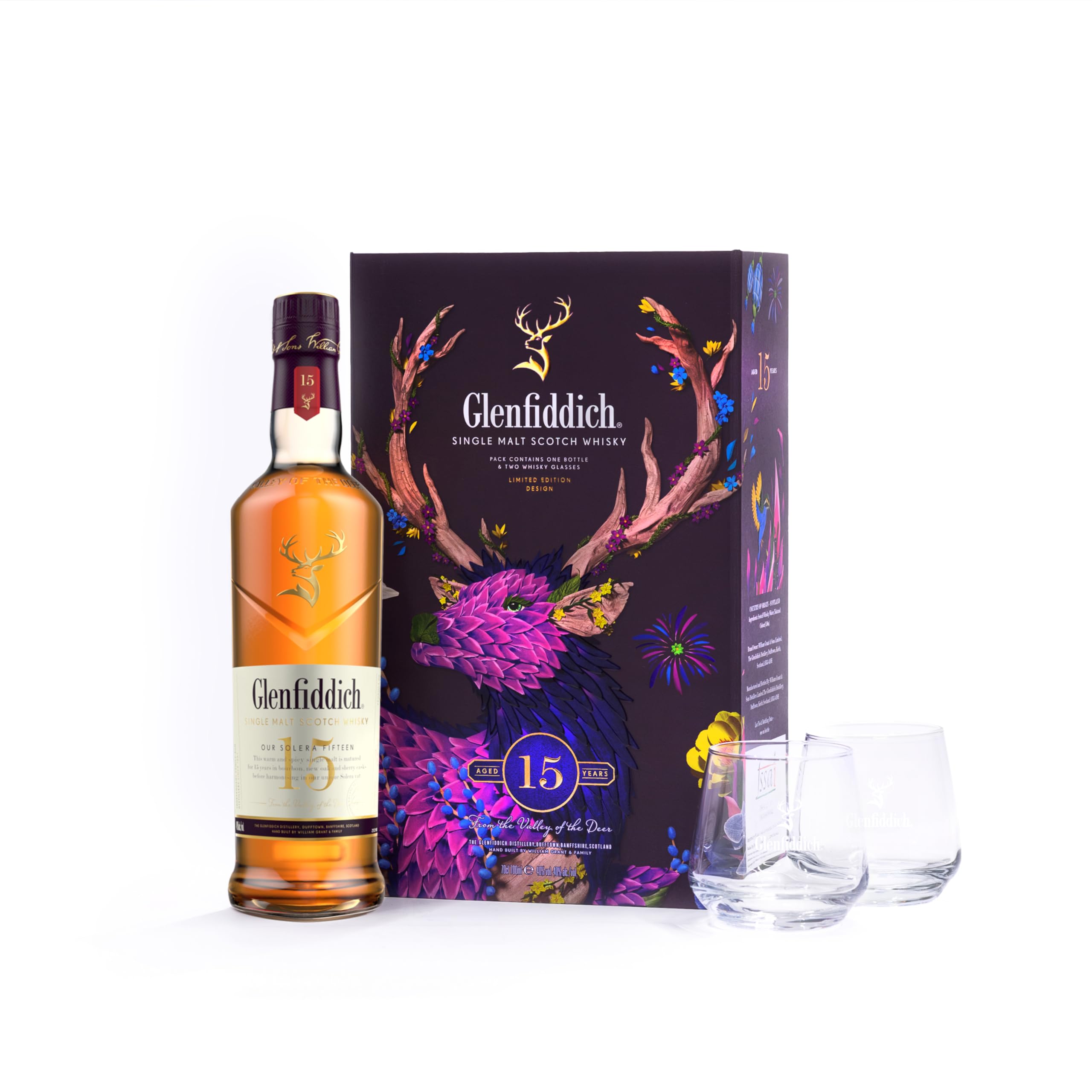 Glenfiddich 15 Jare Single Malt Scotch Whisky, 70cl - Geschenkset mit zwei hochwertigen Tasting Gläsern