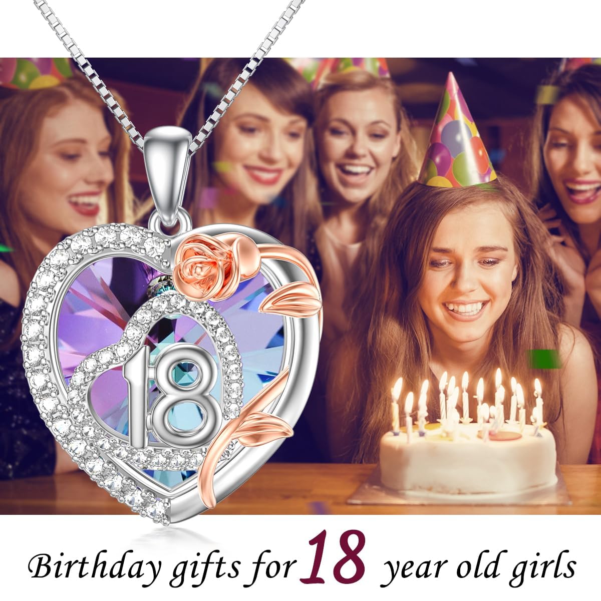 Cadeau d'anniversaire pour fille - En argent sterling 925 - Pendentif en forme de rose - Cœur - Cristal - Cadeau d'anniversaire - Cadeau pour fille de 18 ans, Argent sterling,