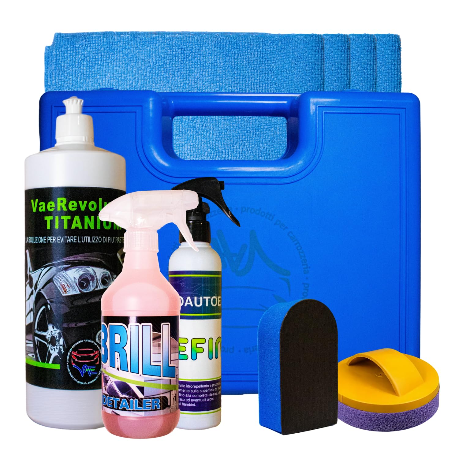 VAE Kit di Lucidatura Manuale Plus per Auto con Valigetta, Lucidante, Sigillante e Detergente Professionali, Inclusi Tampone, Spugna e Panni Microfibra – Auto Lucida e Protetta come dal Detailer