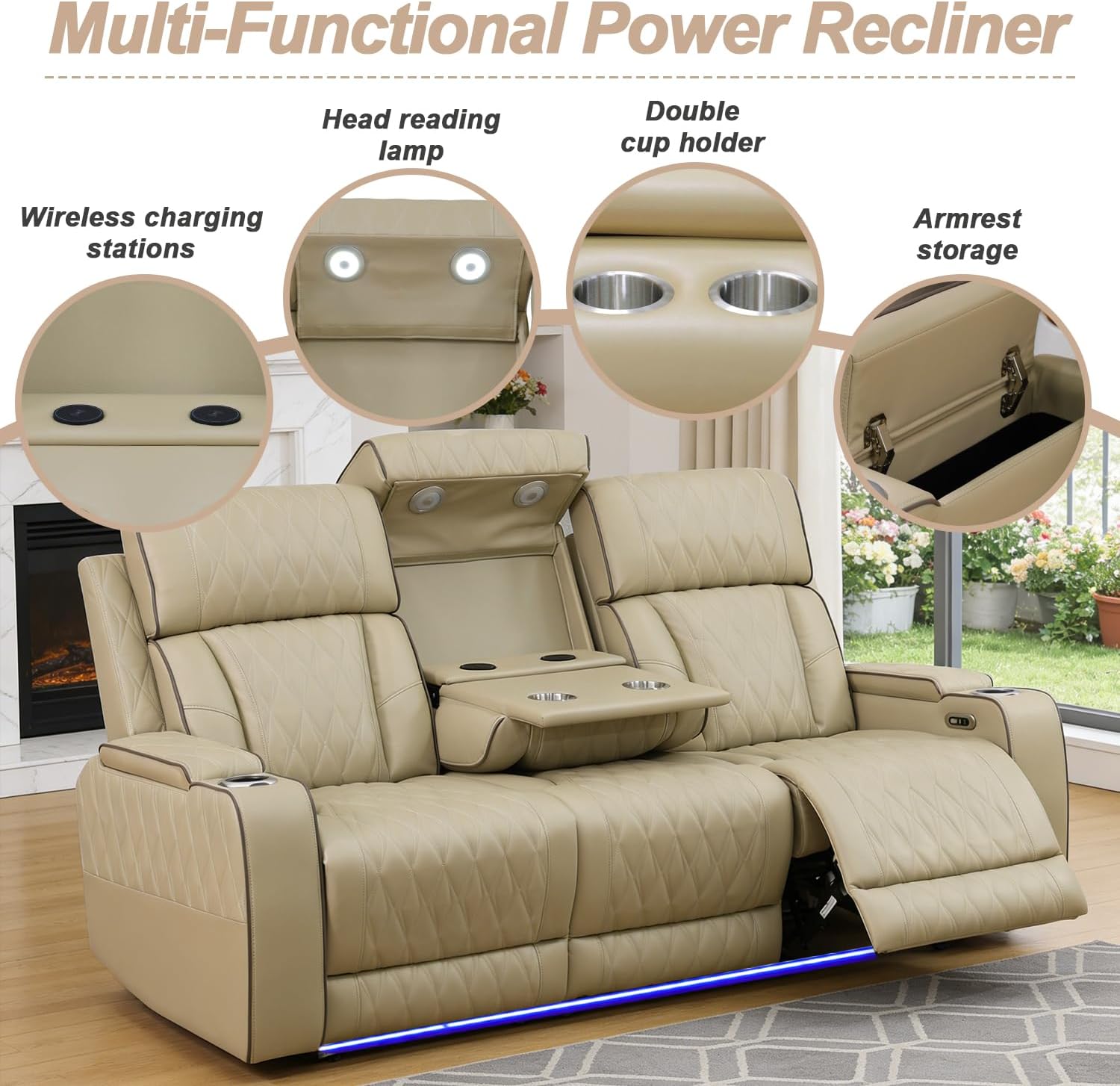 Beige Leather Power Recliner Sectional Sofa Set with LED Light,L-Shaped Reclining Couch with USB Port,Leather Couch with Cup Holder/Storage for Living Room/Home Theater(Sectional+Sofa+Chair)