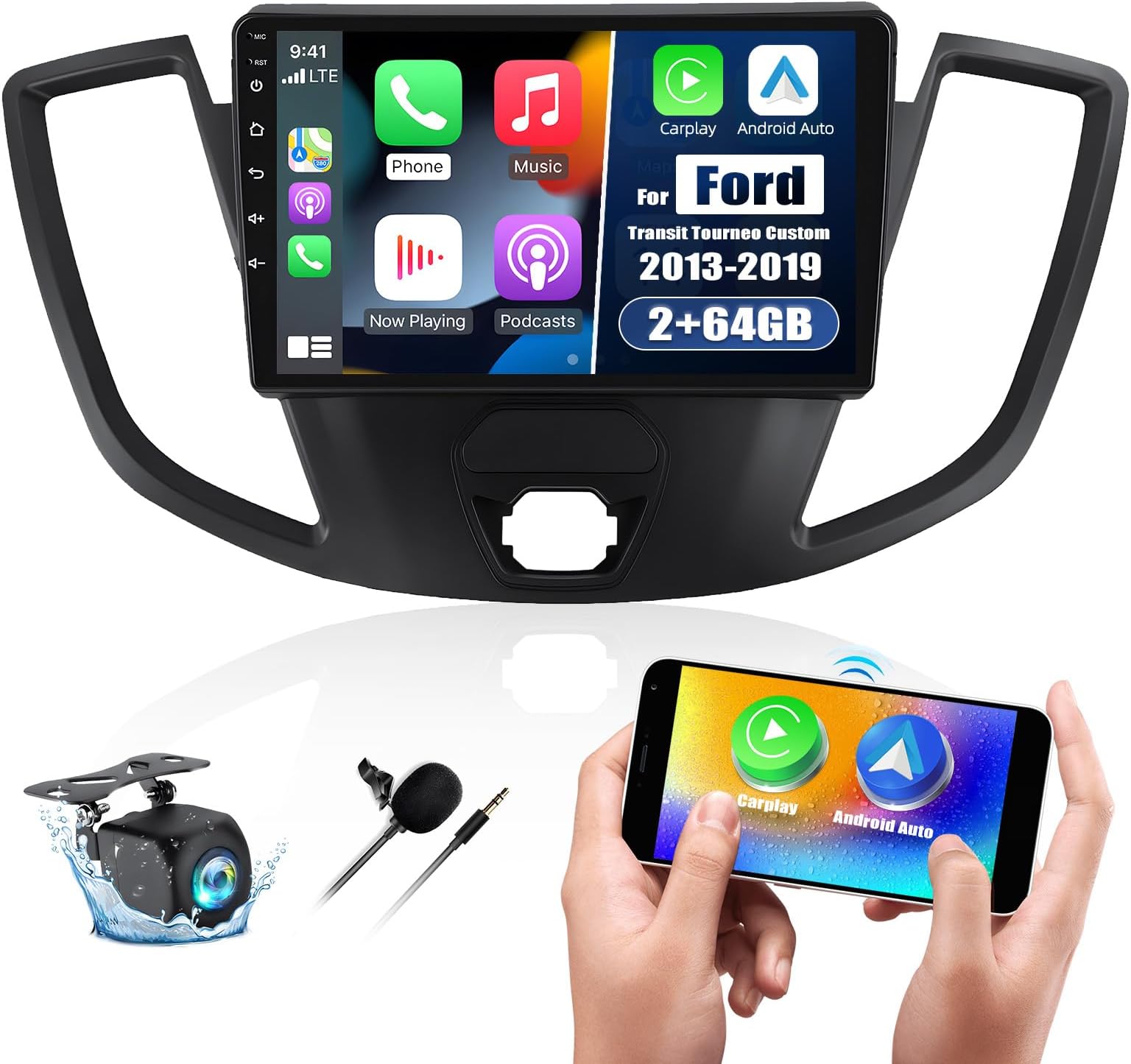 8 Core 2G+64G Android 13 Car Stereo for Ford Transit Tourneo Custom 2013-2019 with Wireless Carplay Android Auto,9'' Touchscreen Car Radio with WiFi,GPS Navigation,Bluetooth FM/RDS SWC+Backup Camera