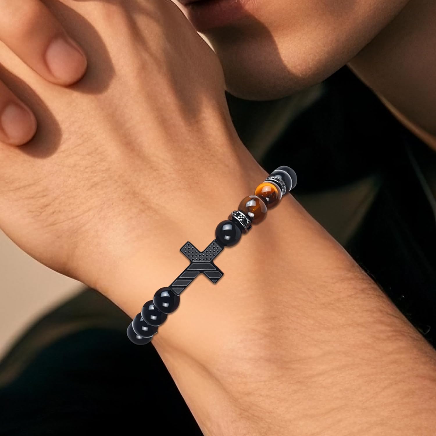 Cross Bracelet for Mens Gifts - 8mm Tiger Eye Natural Beads, Stainless Steel Cross Pendant Charm, Religious Christian Easter Baptism Christmas Bracelets Jewelry for Dad Husband Brother - Image 3