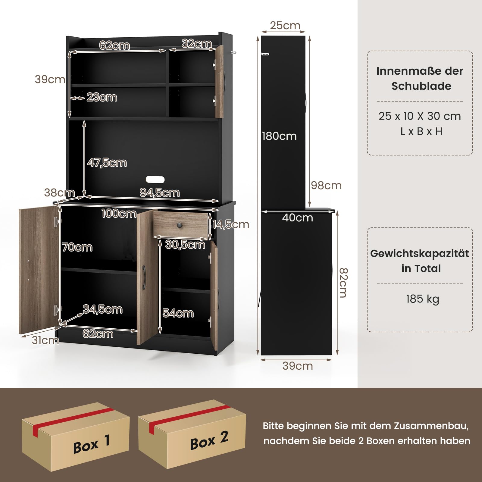 COSTWAY Szafka kuchenna z blatem roboczym, 180 cm, szafka bufetowa z 4 regulowanymi półkami i otworami na kable, wysoka szafka do kuchni, jadalni, salonu (czarna)