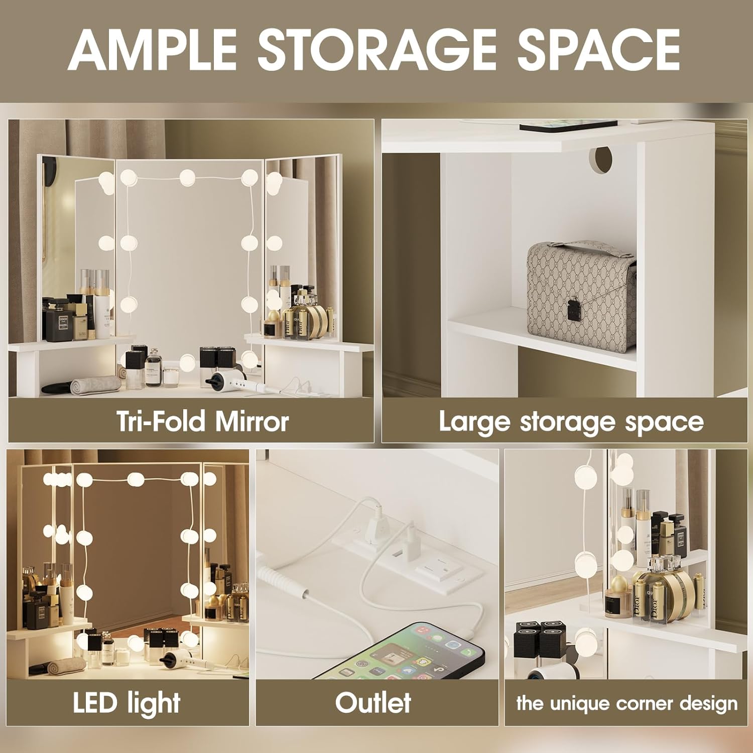 Fameill Corner Vanity Desk with Mirror and Lights, Makeup Vanity Table with Charging Station, Corner Vanity with 4 Drawers and Shelves, 3 Lighting Modes, Brightness Adjustable, for Women Girls